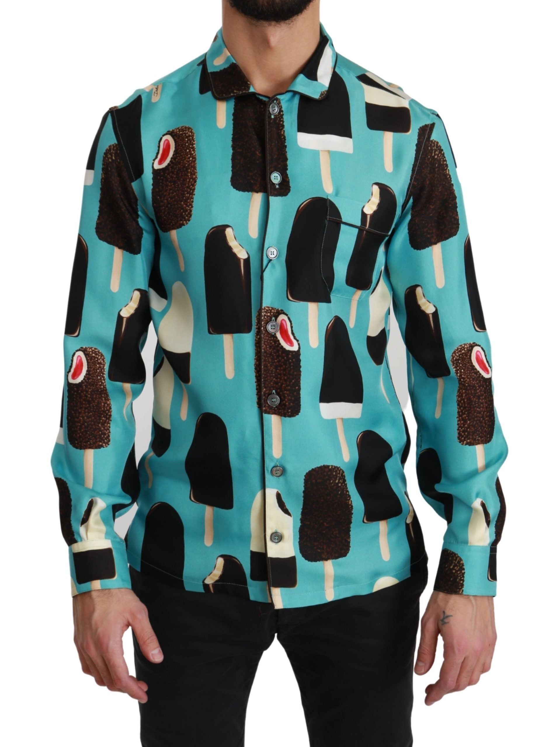 Dolce & Gabbana  Men's Ice Cream Print Silk Shirt - Blue