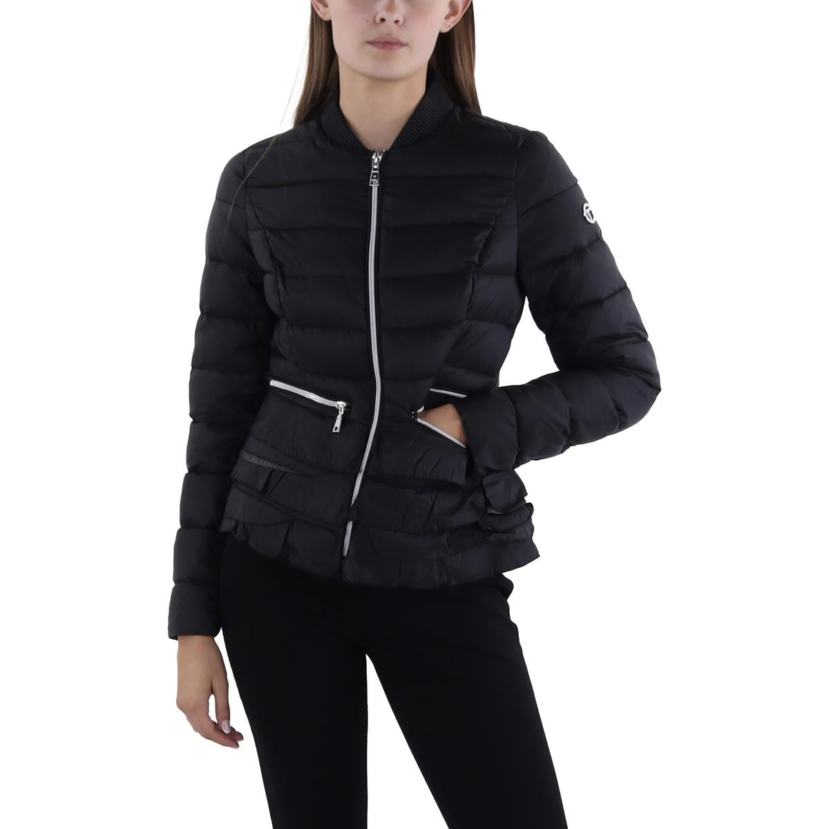 Womens Insulated Ruffled Trim Puffer Jacket