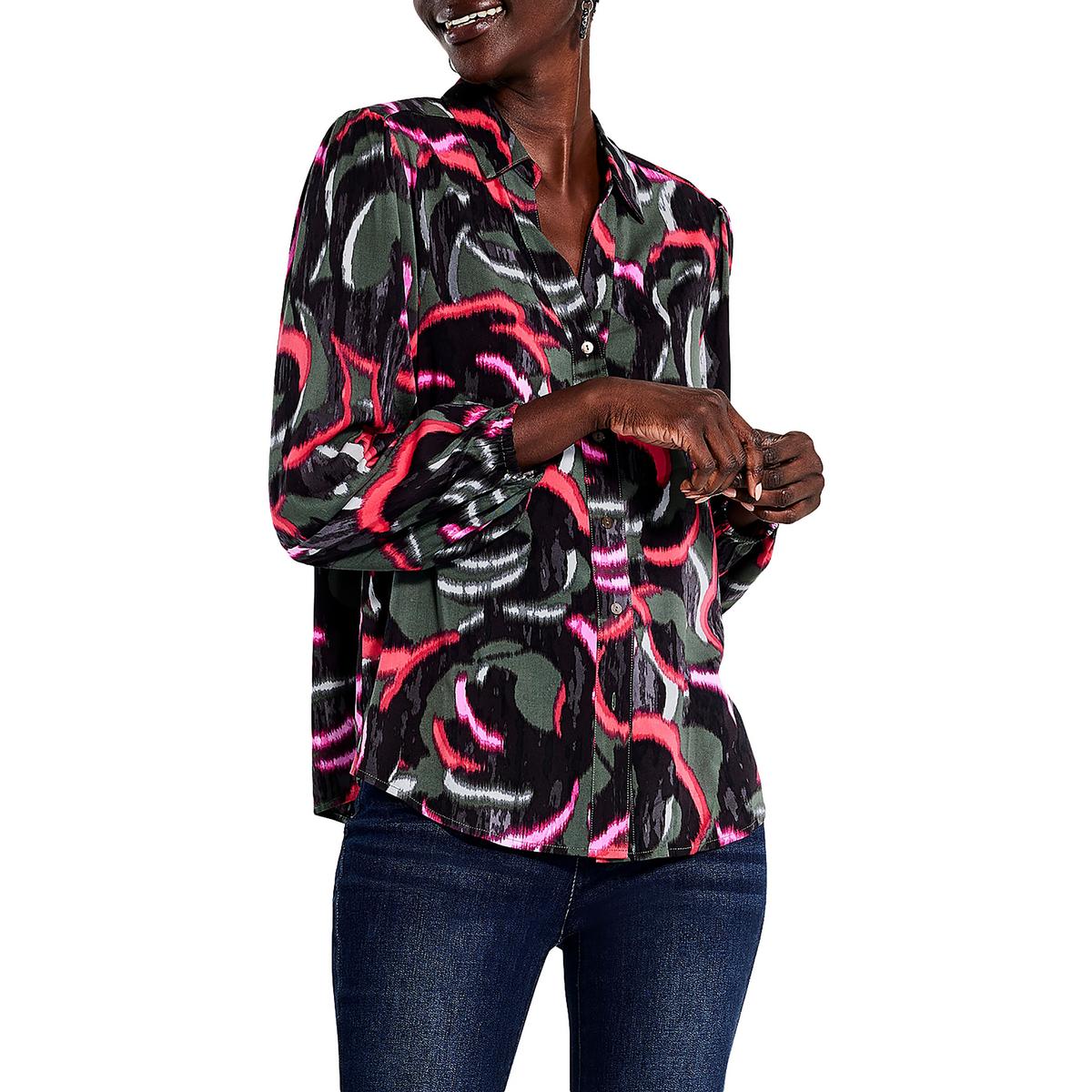 Womens Printed Collared Button-Down Top