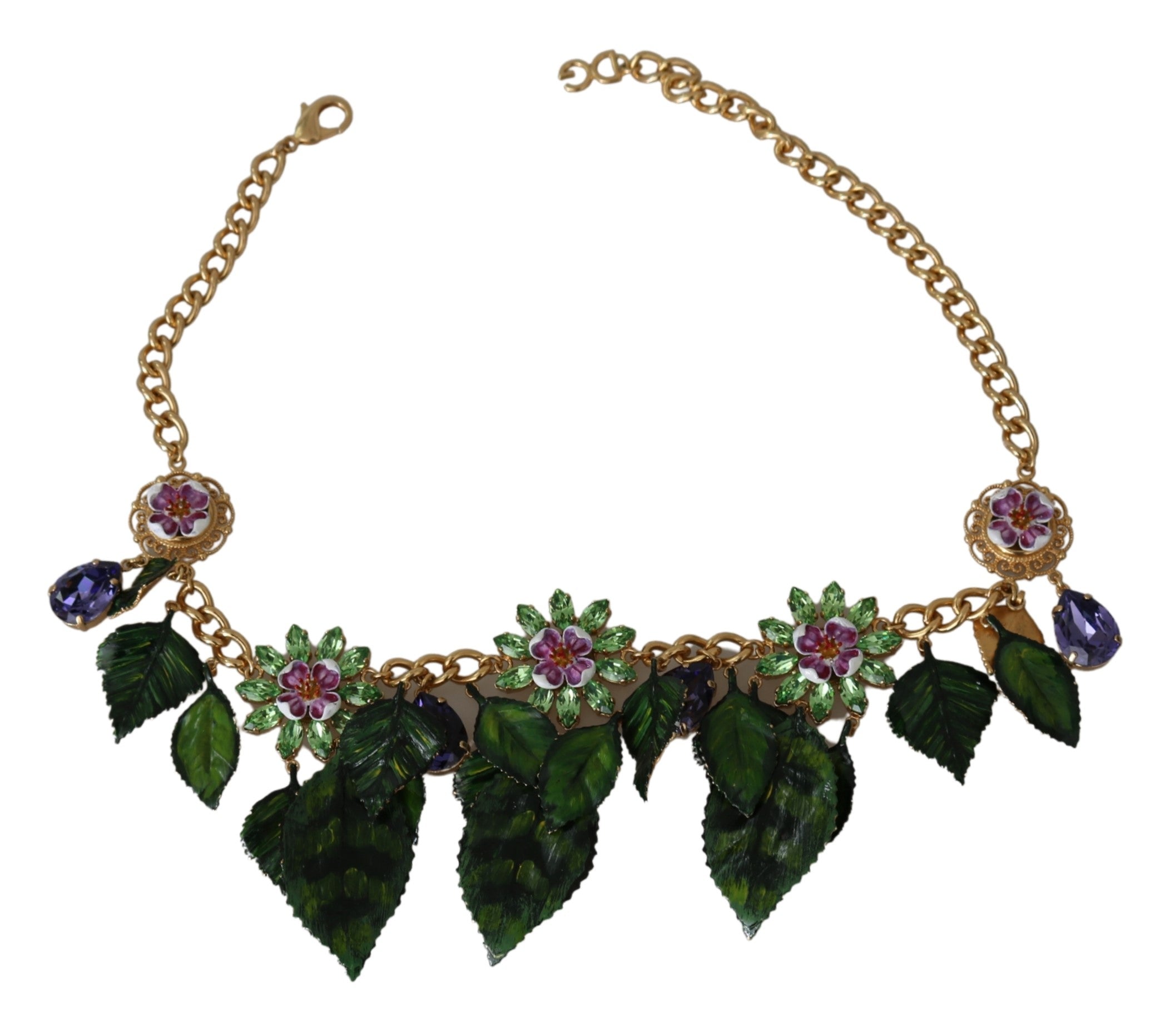 Dolce  Gabbana Green Leaves Gold Brass Crystal Flower Pendant Necklace13