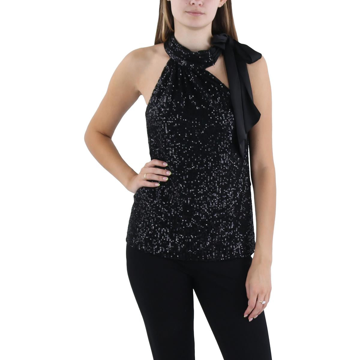 Womens Sequined Mock Neck Halter Top