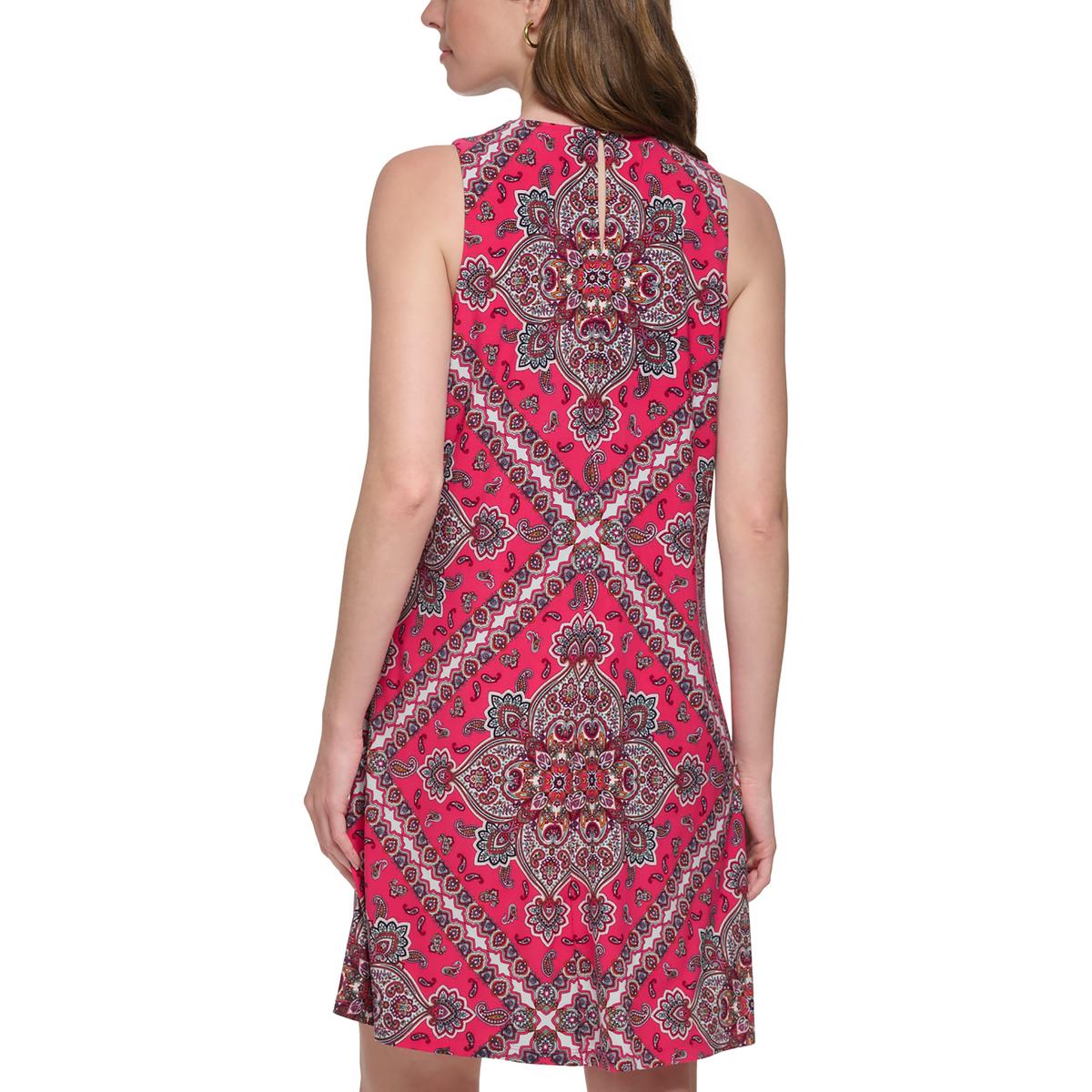 Petites Womens Round Neck Paisley Shift Dress