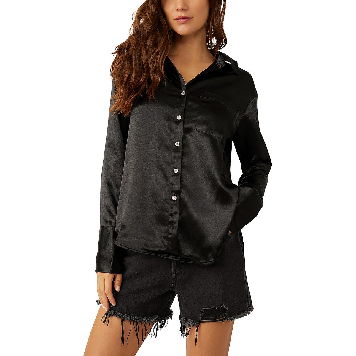 Shooting For The Moon Womens Satin Collared Button-Down Top