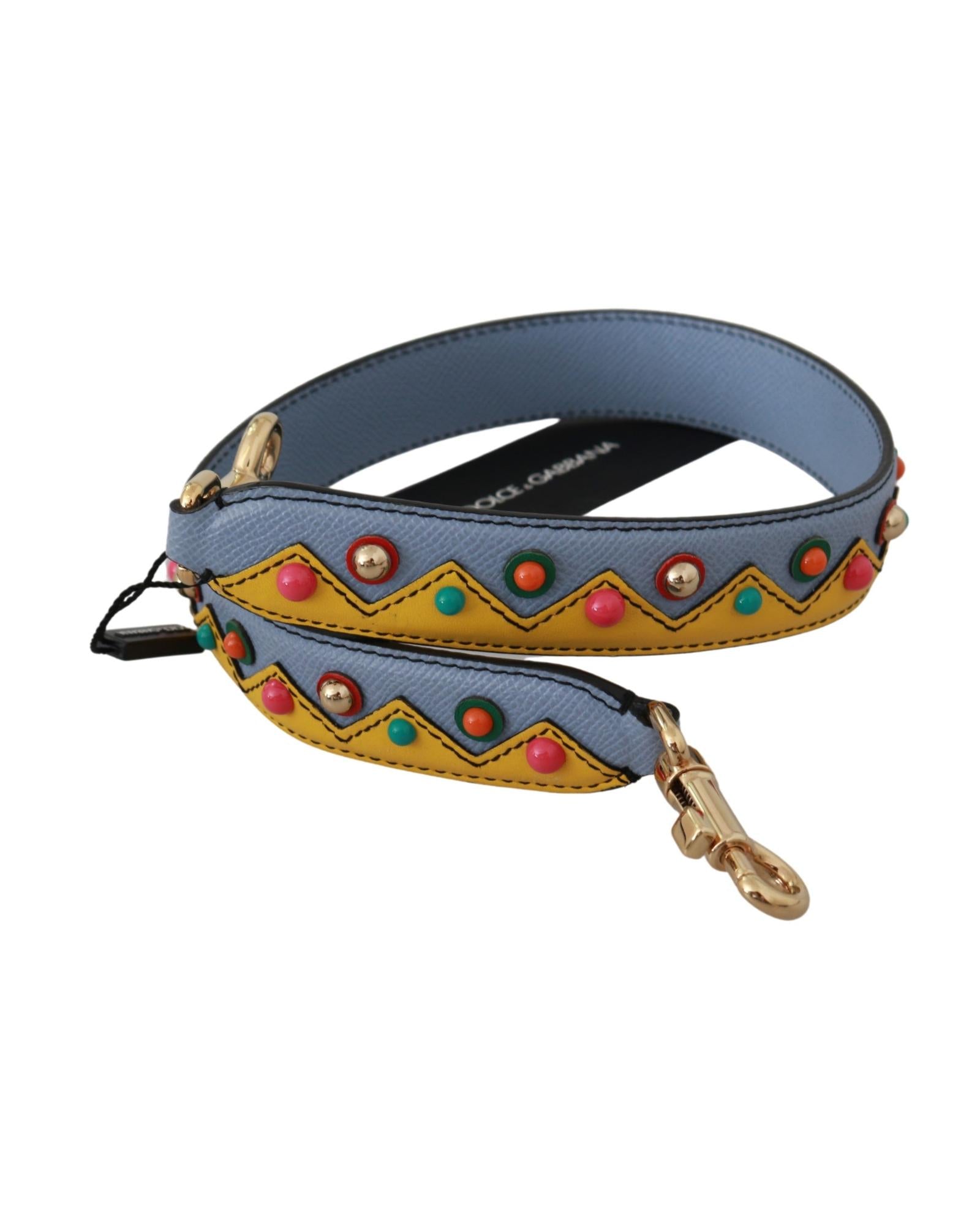 Dolce & Gabbana  Blue Leather Bag Strap with Multicolor Zigzag Pattern and Gold-Toned Hardware