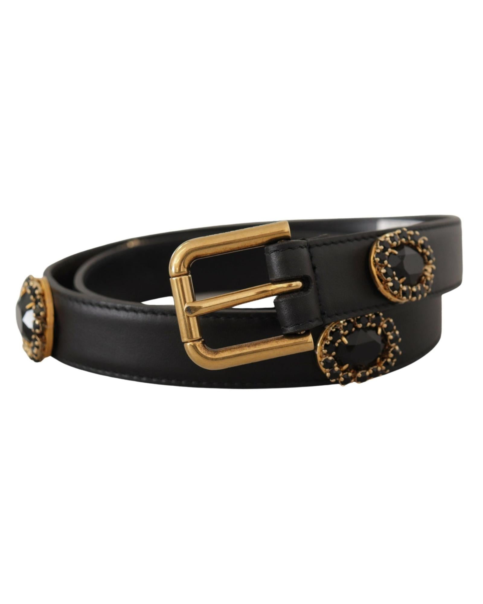 Dolce & Gabbana  Black Leather Belt with Crystal Heart Detail