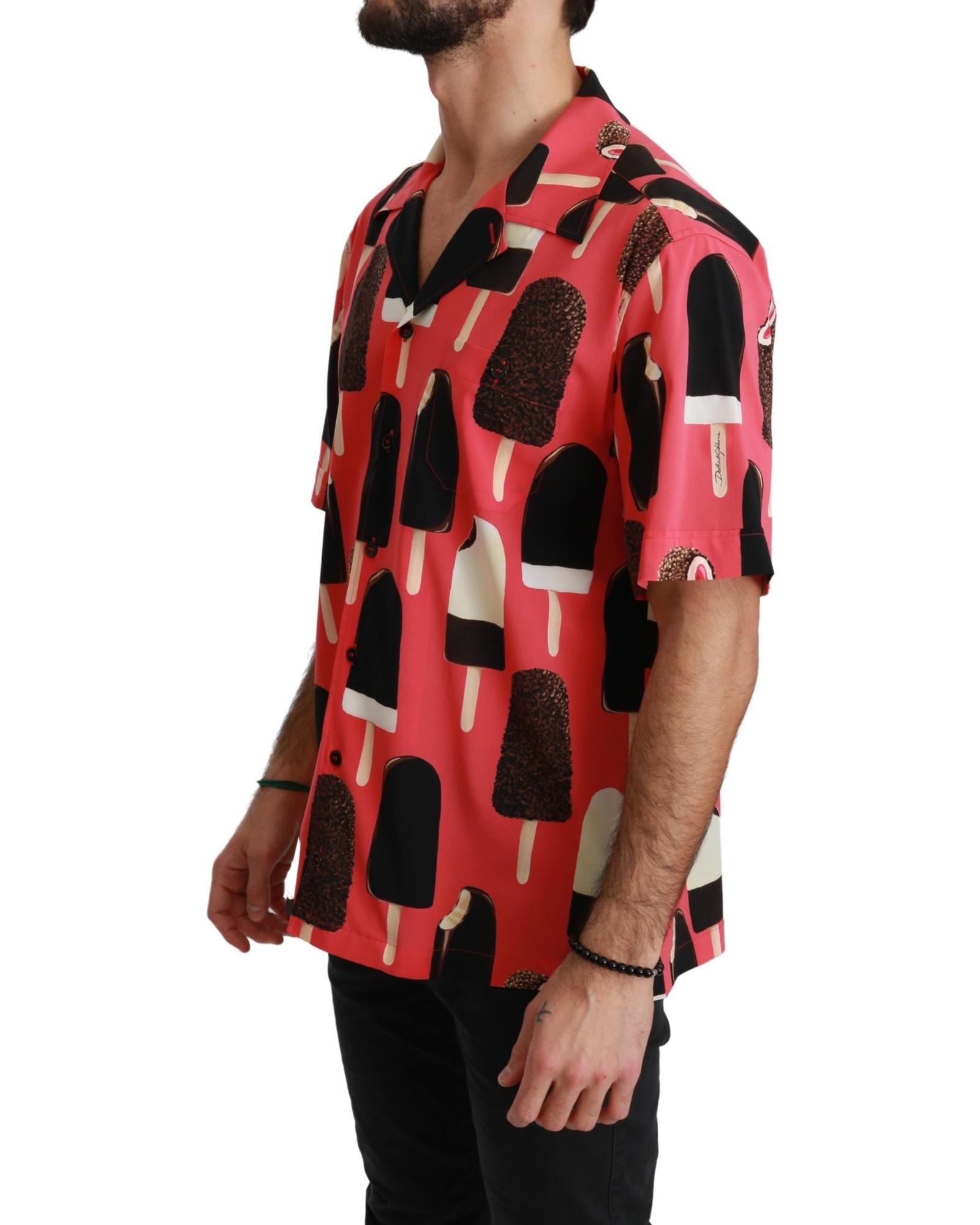 Dolce & Gabbana  Ice Cream Print Silk Short Sleeve Button Up Shirt - Red