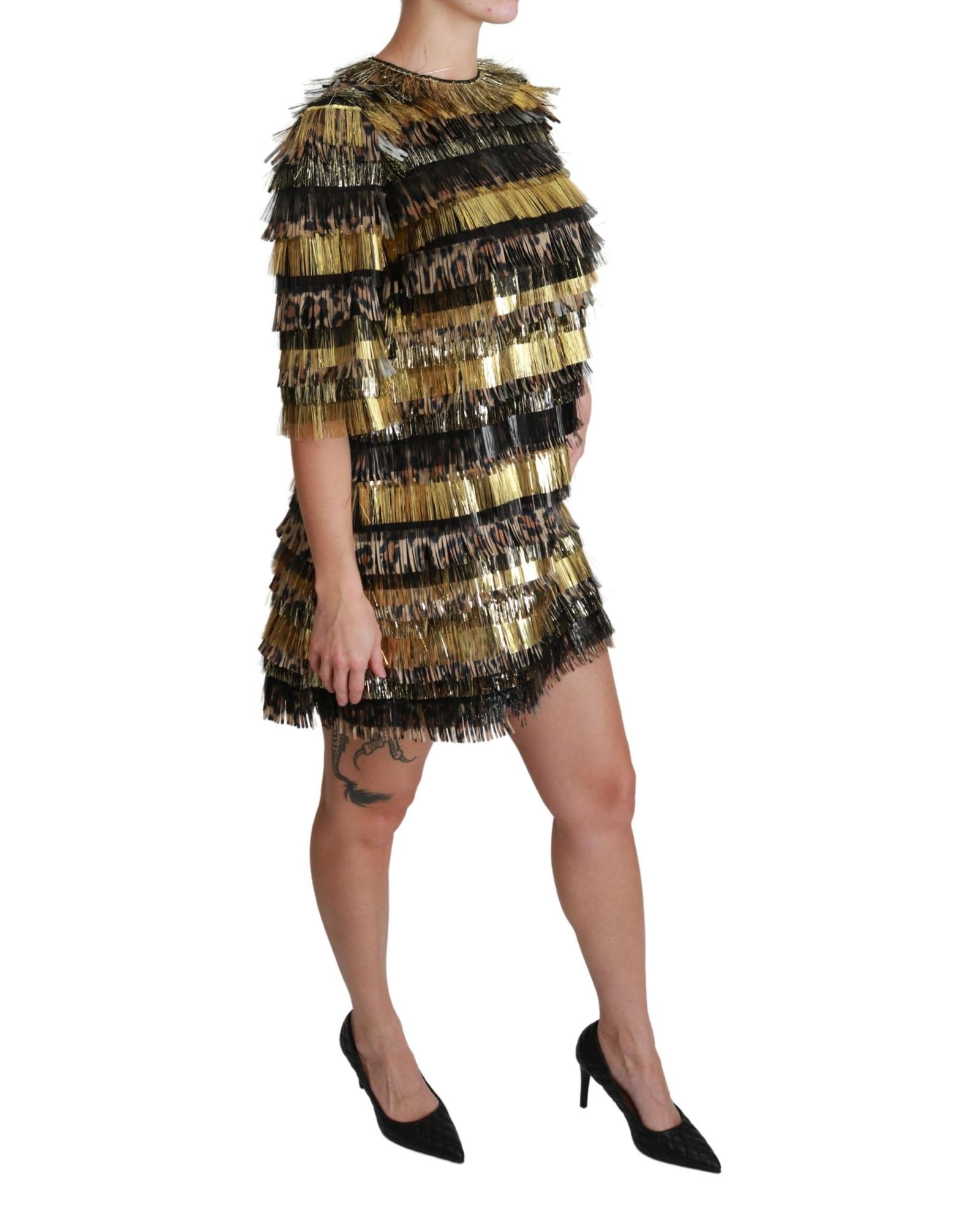 Dolce & Gabbana  Leopard Print Fringe Dress     Short Sleeve Fringe Dress with Leopard Print     Mini Dress with Metallic Fringe and Leopard Print    Women's  Leopard Print Fringe Dress    Designer Dolce &