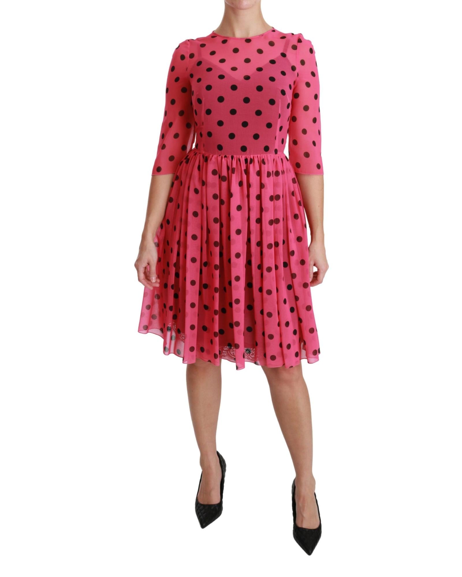 Dolce & Gabbana  Women's Polka Dot Dress     Pink Polka Dot Dress     Chiffon Dress     Three-Quarter Sleeve Dress     Fit and Flare Dress