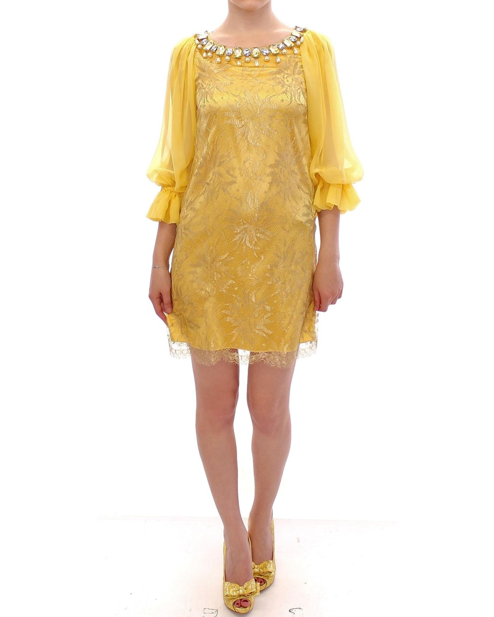 Dolce & Gabbana  Yellow Lace Dress with Crystal Embellishment