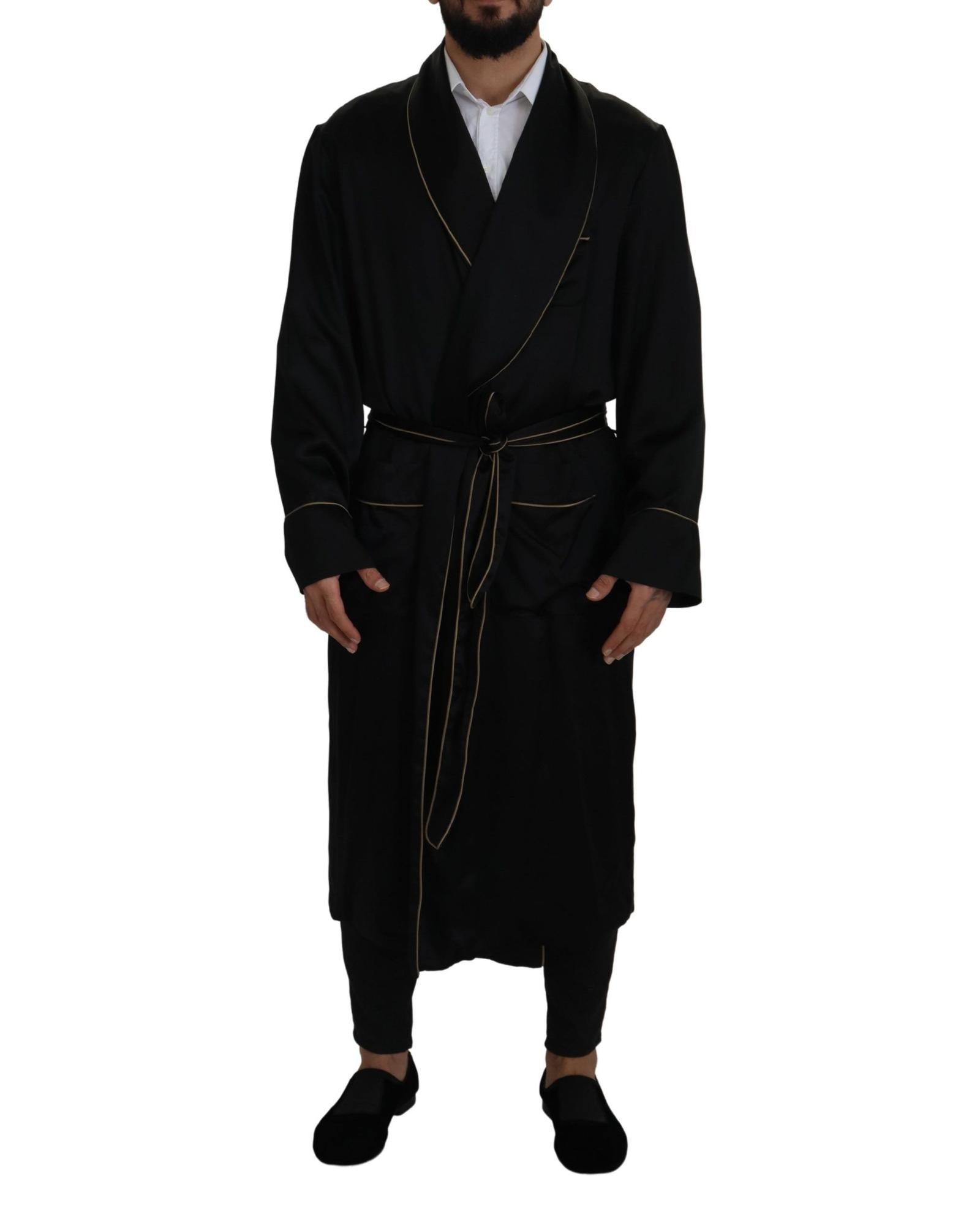 Dolce & Gabbana  Mens Black Silk Robe with Gold Piping