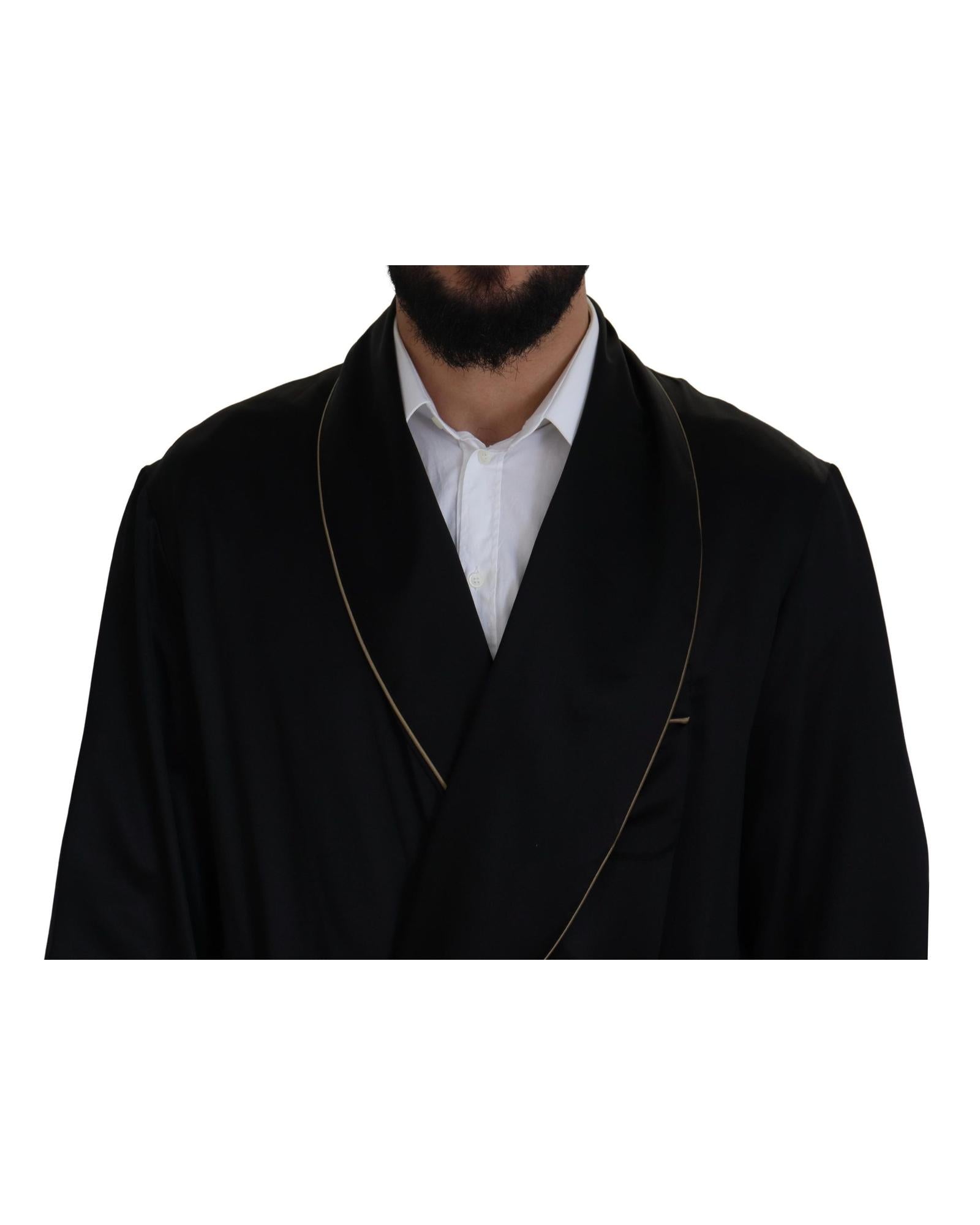 Dolce & Gabbana  Mens Black Silk Robe with Gold Piping