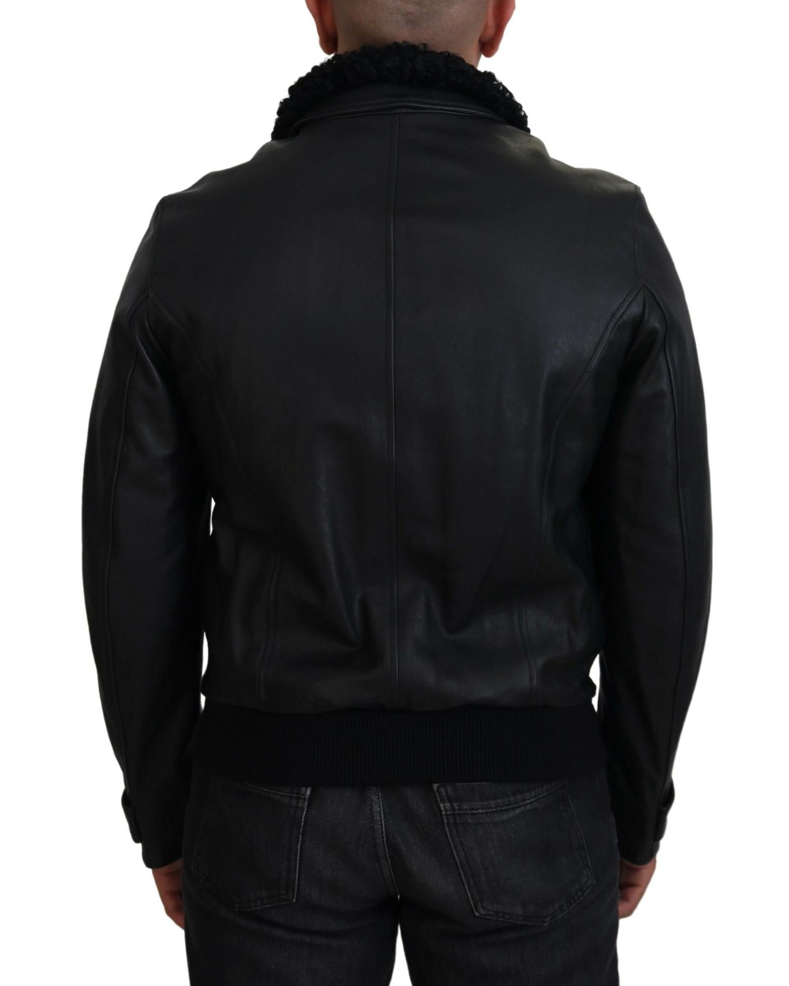 Dolce & Gabbana  Men's Black Leather Bomber Jacket with Shearling Collar