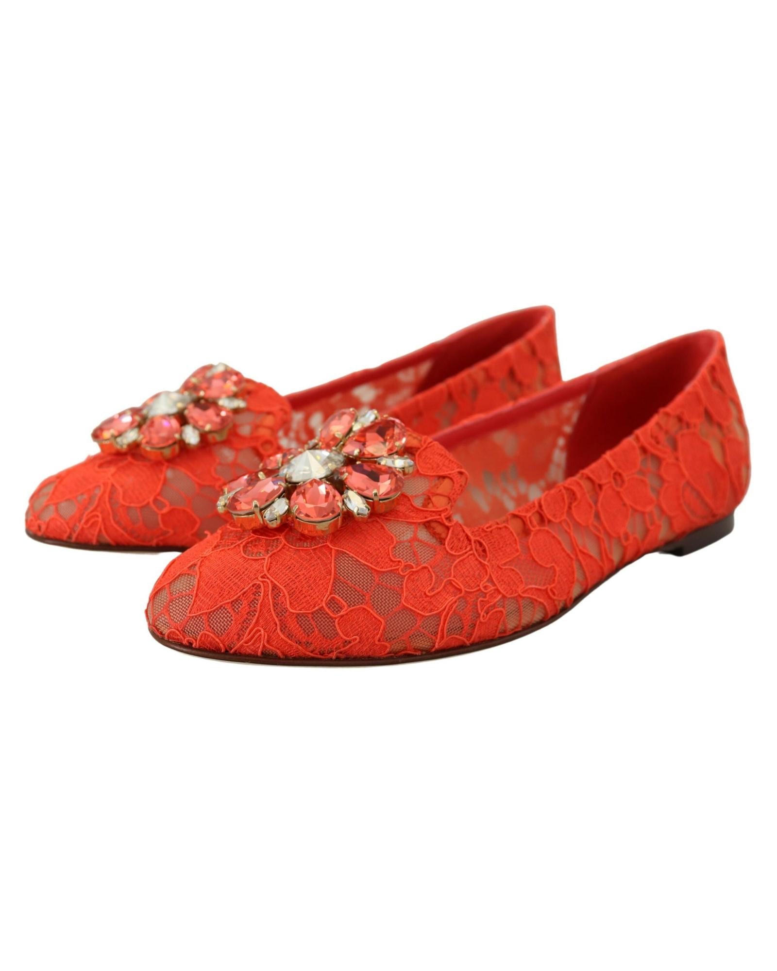 Dolce & Gabbana  Women's Orange Lace Ballerina Flats with Jewel Embellishment