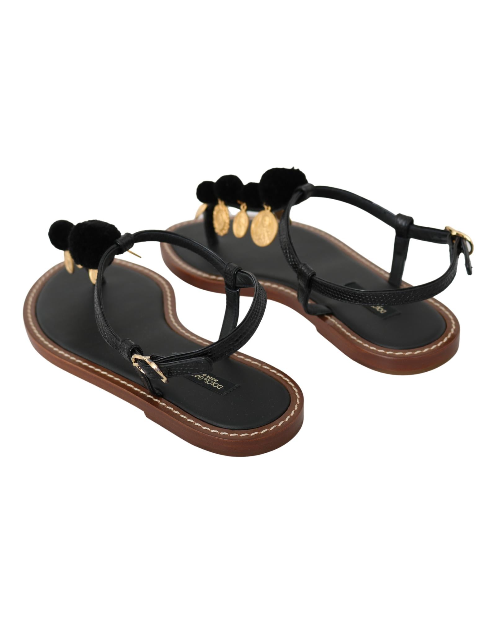 Dolce & Gabbana  Black Pom Pom Thong Sandals