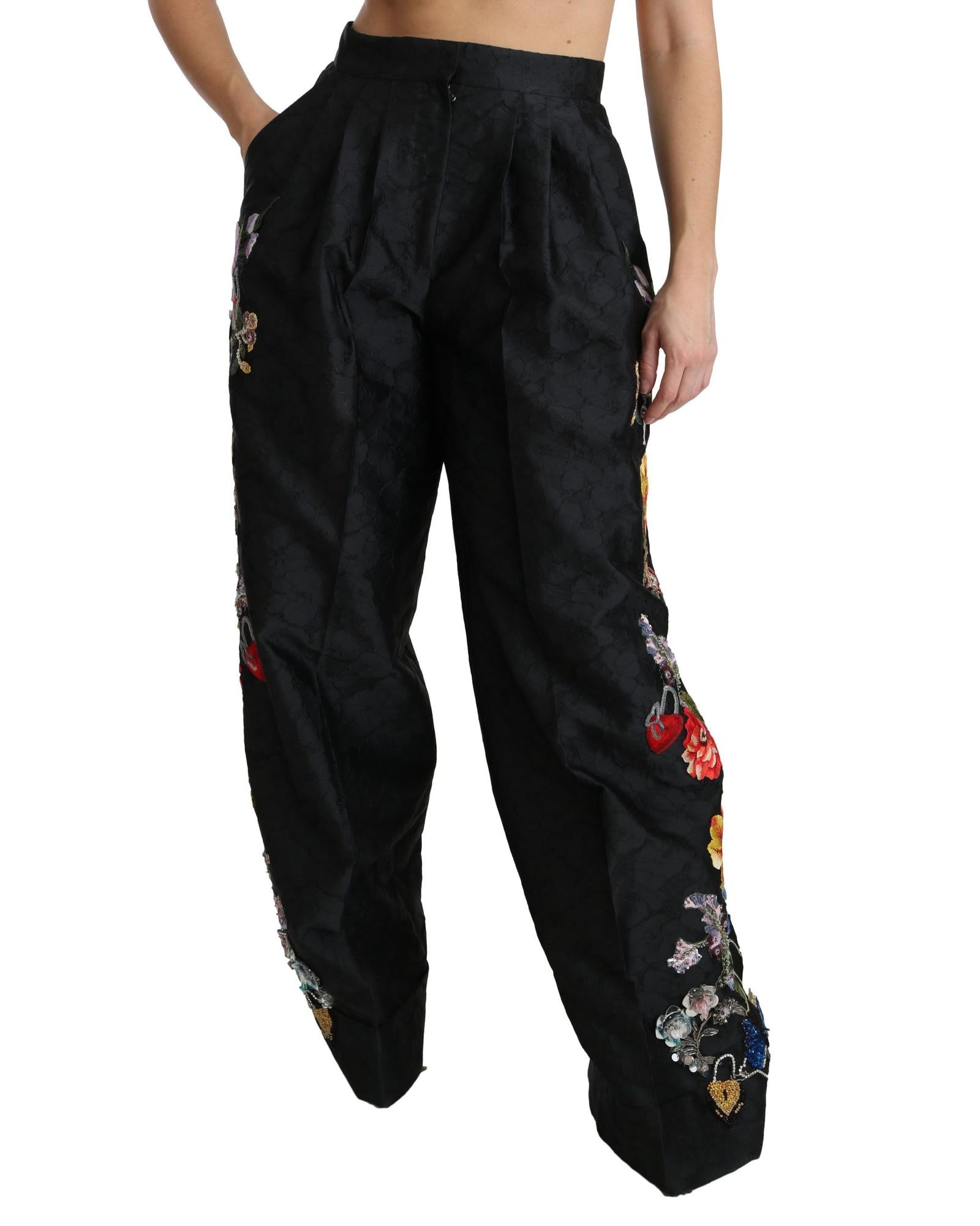 Dolce & Gabbana  Floral Embroidered Tapered Leg Pants - Black