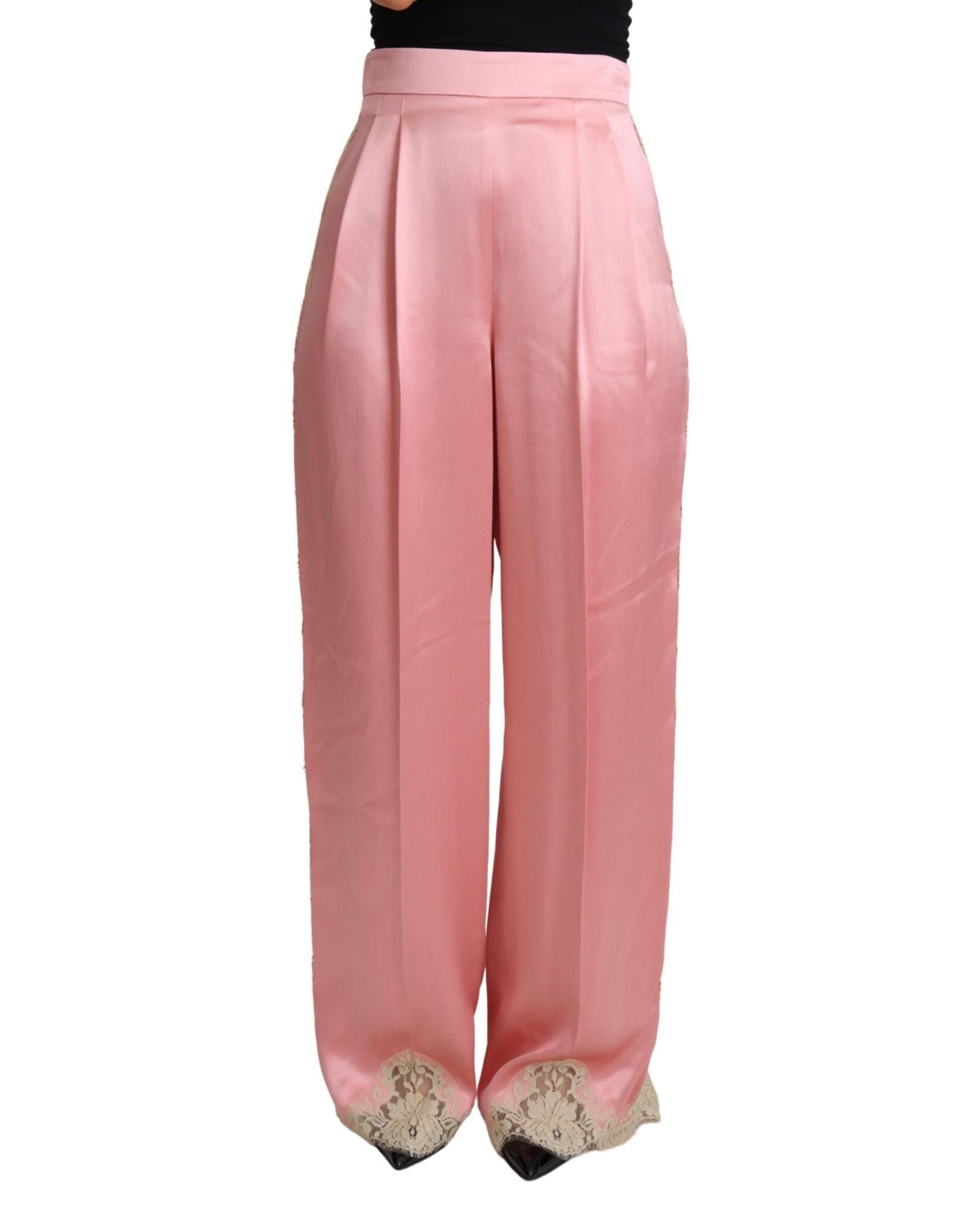 Dolce & Gabbana  Lace Trimmed Satin Wide-Leg Pants - Pink