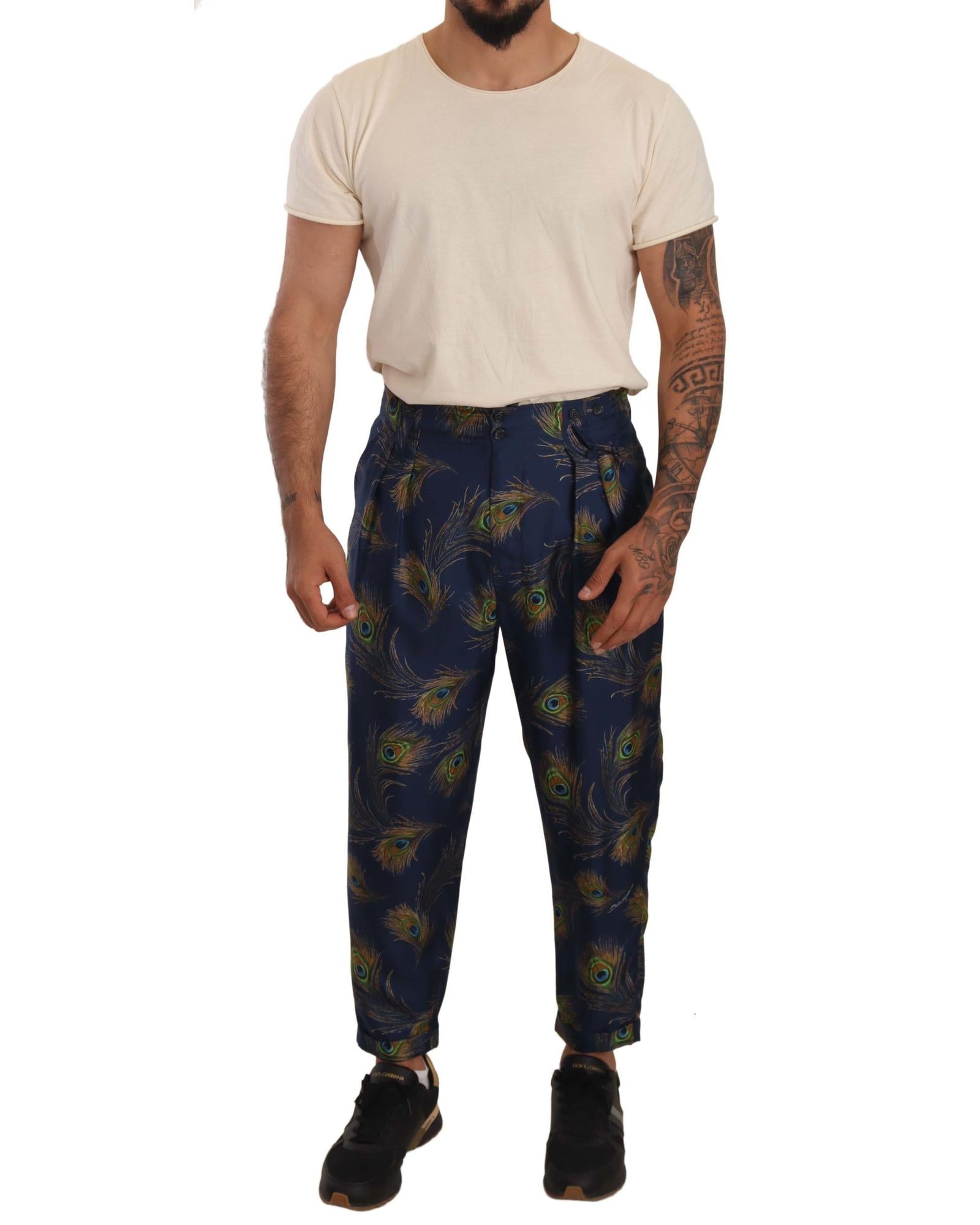 Dolce & Gabbana  Men's Peacock Print Silk Pants