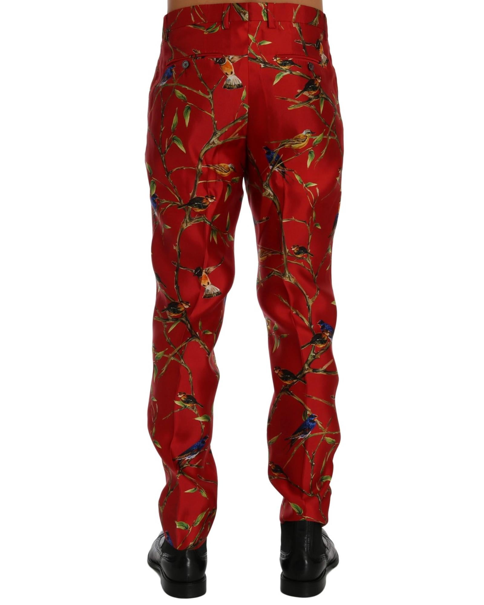 Dolce & Gabbana  Men's Red Bird Print Slim Fit Silk Pants