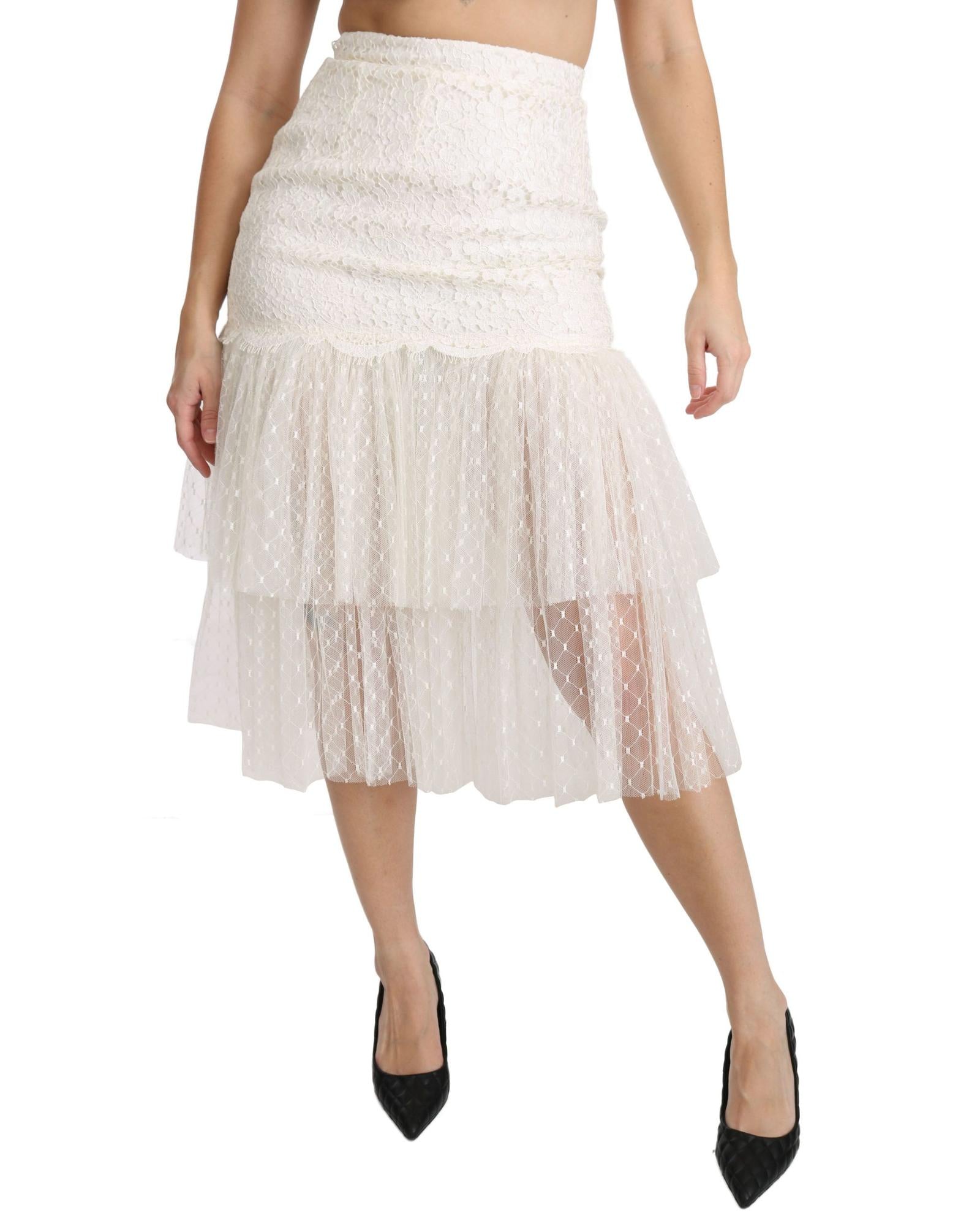 Dolce & Gabbana  White Lace Skirt with Tulle Overlay