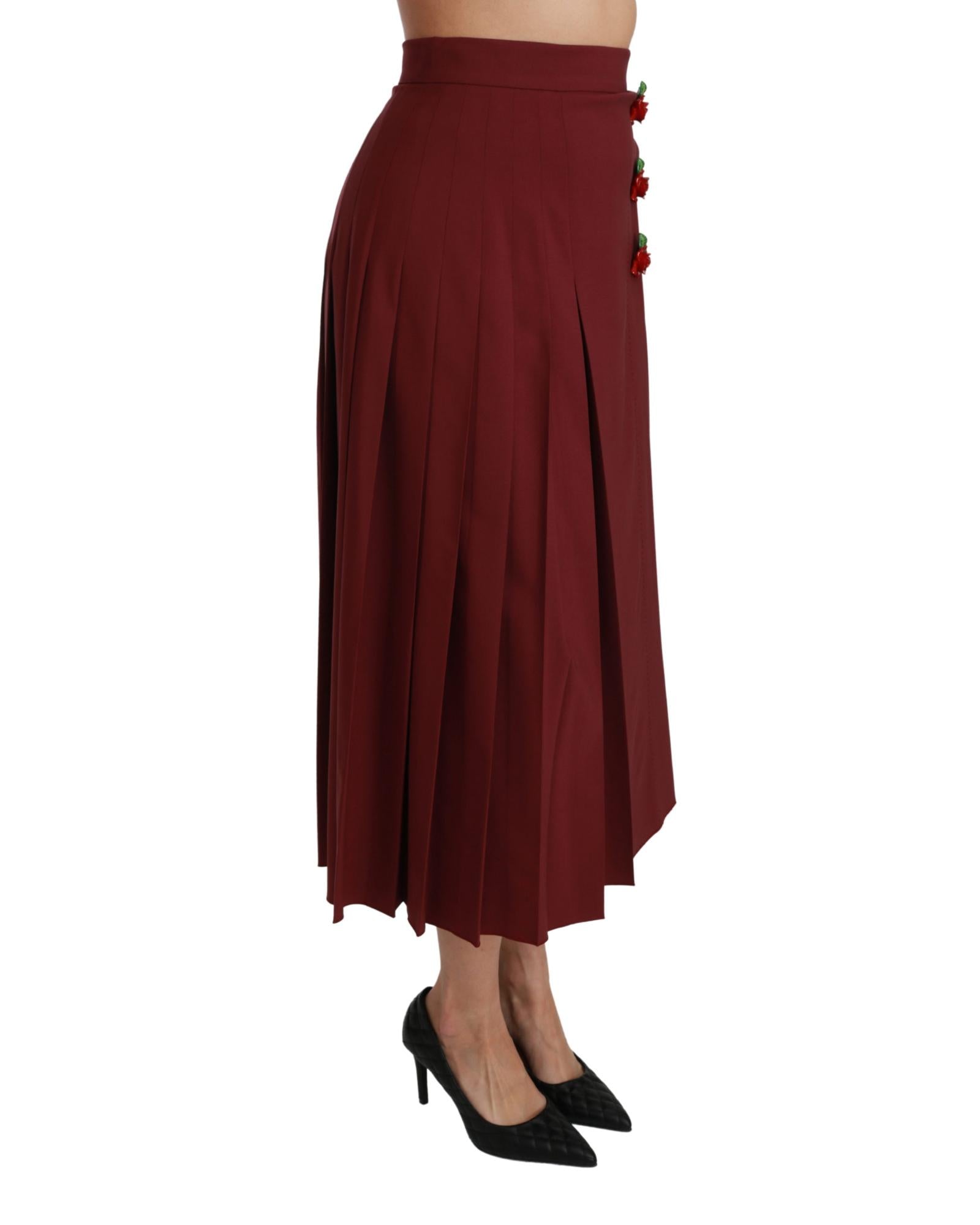 Dolce & Gabbana  Womens Burgundy Pleated Skirt with Rose Buttons