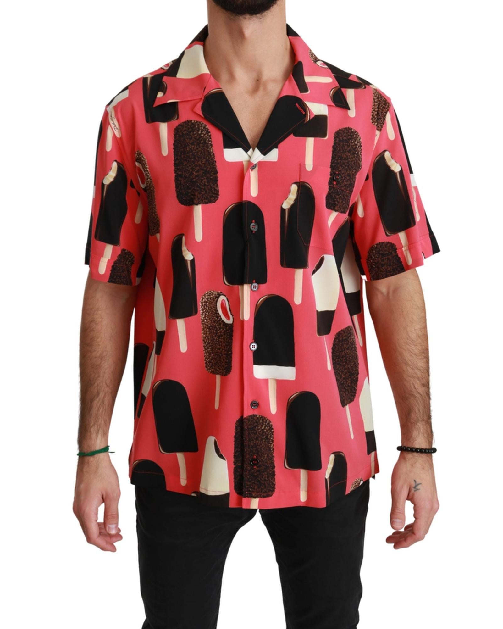 Dolce & Gabbana  Ice Cream Print Silk Short Sleeve Button Up Shirt - Red