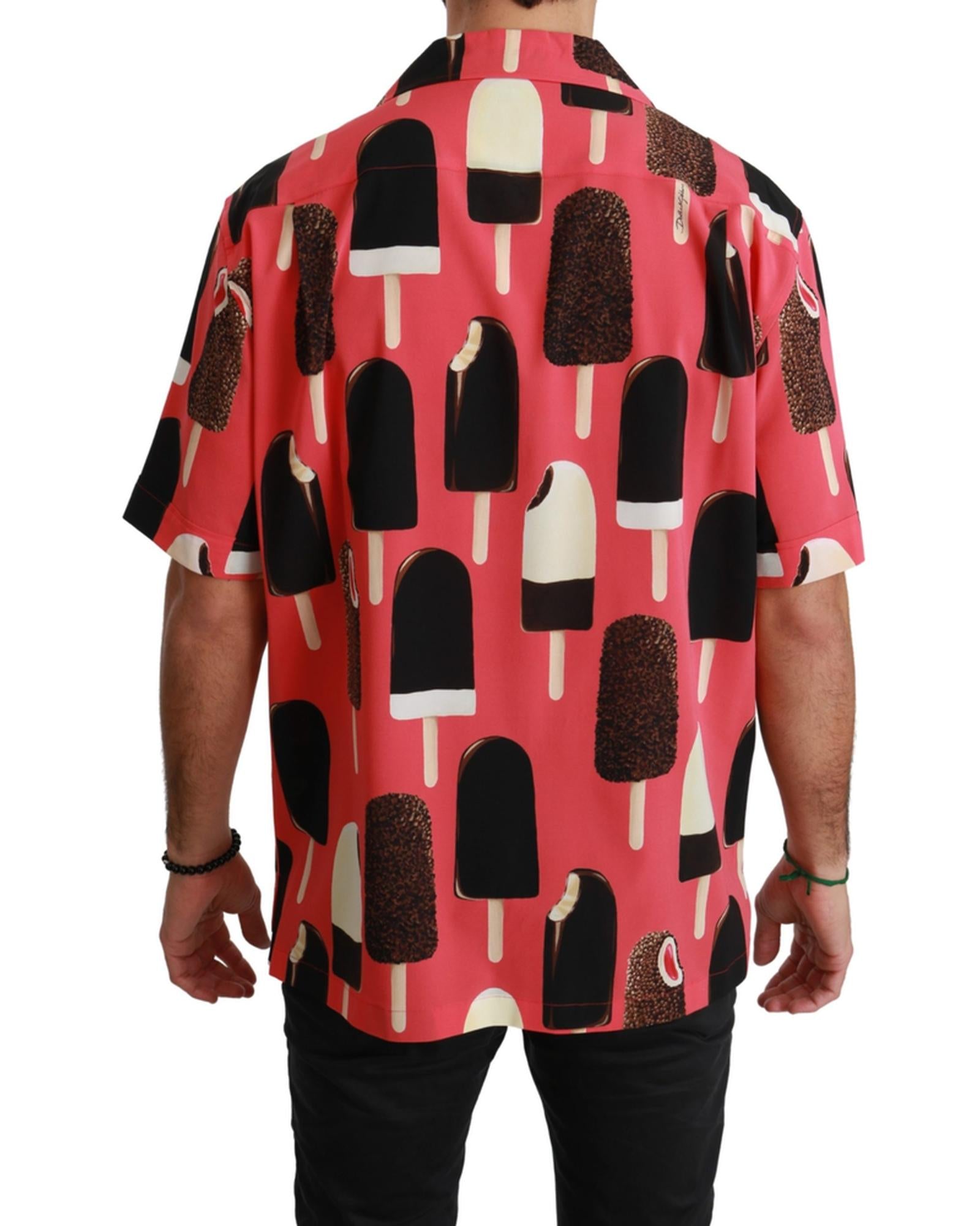 Dolce & Gabbana  Ice Cream Print Silk Short Sleeve Button Up Shirt - Red