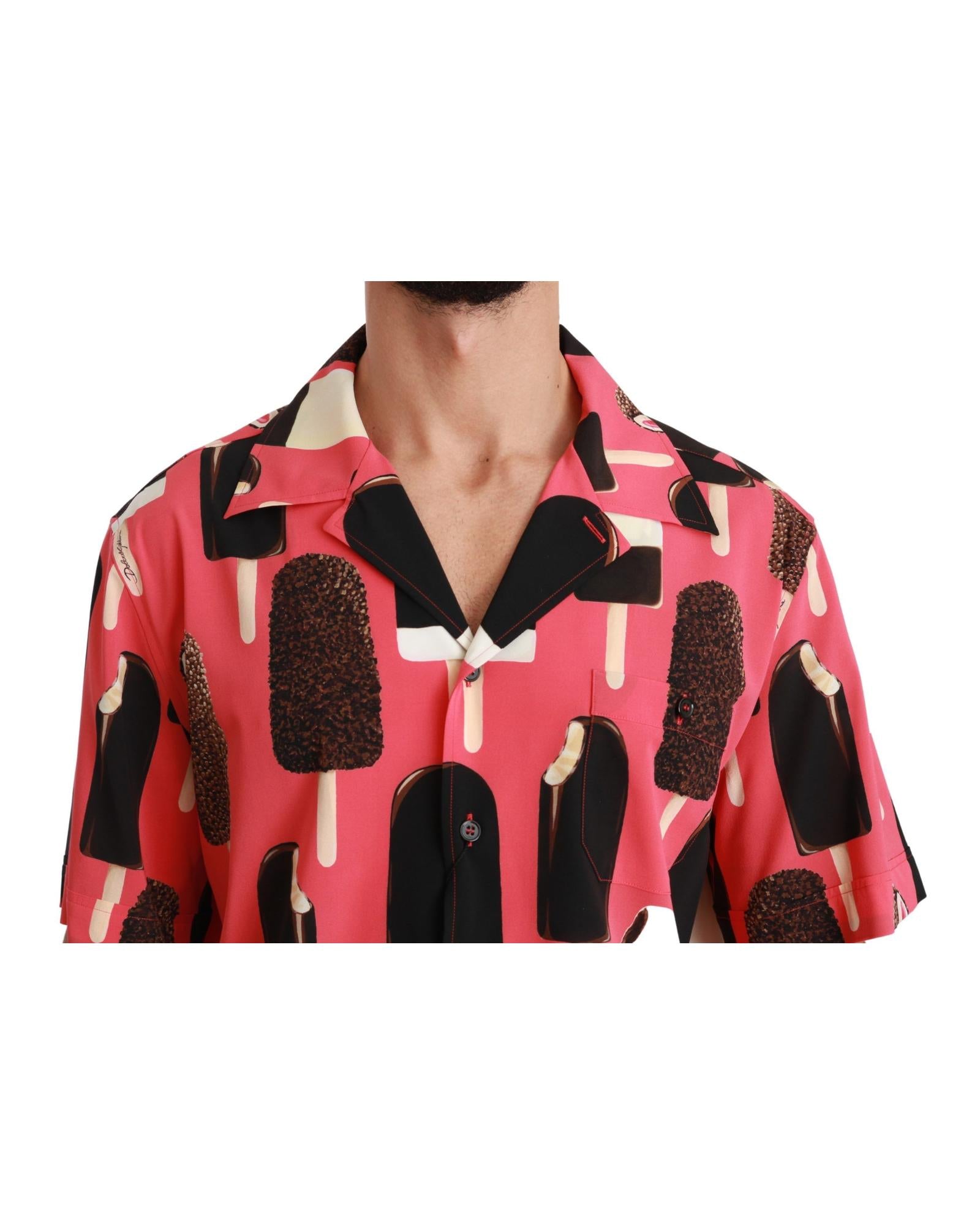 Dolce & Gabbana  Ice Cream Print Silk Short Sleeve Button Up Shirt - Red