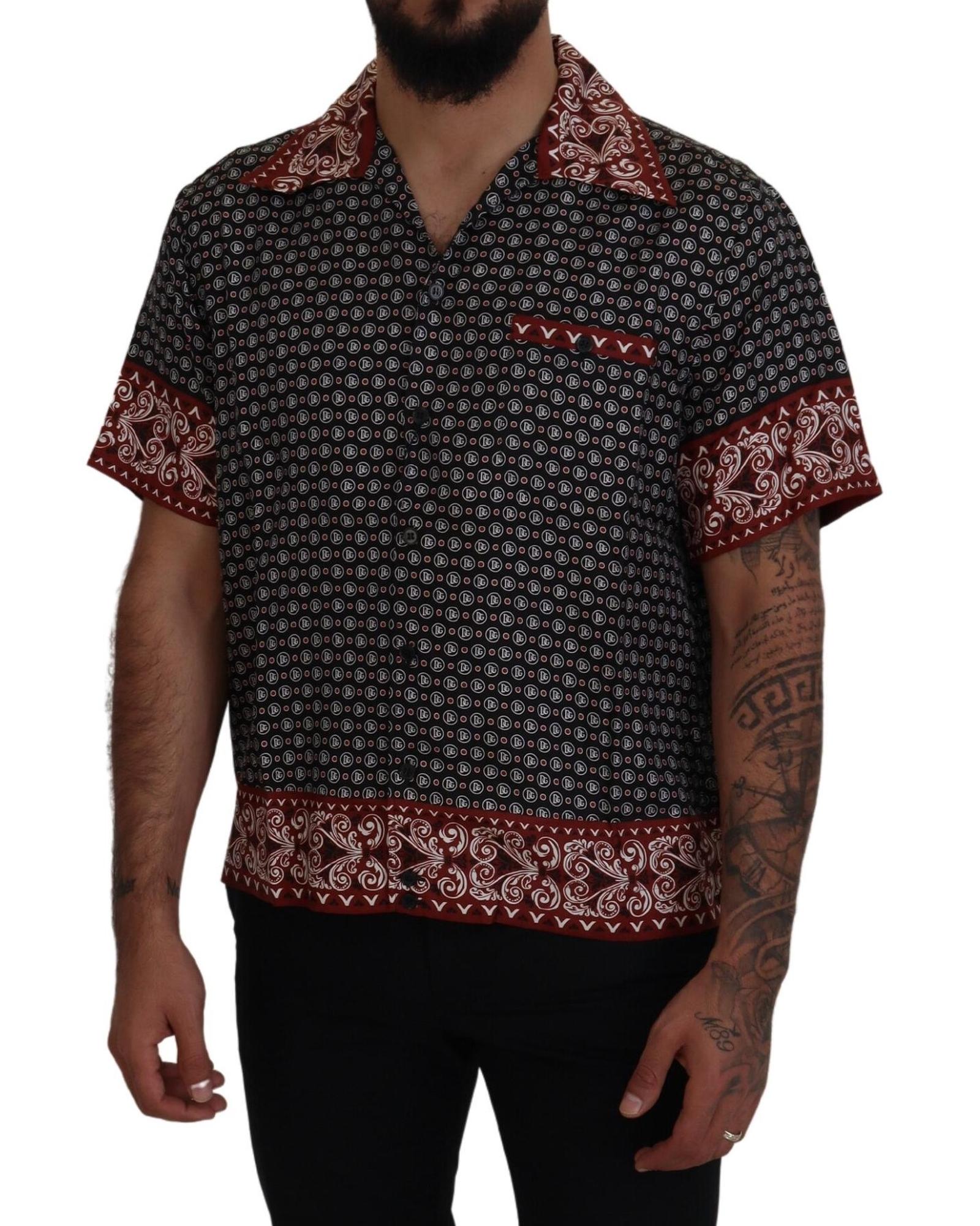 Dolce & Gabbana  Men's Short Sleeve Silk Shirt DG Pattern Black