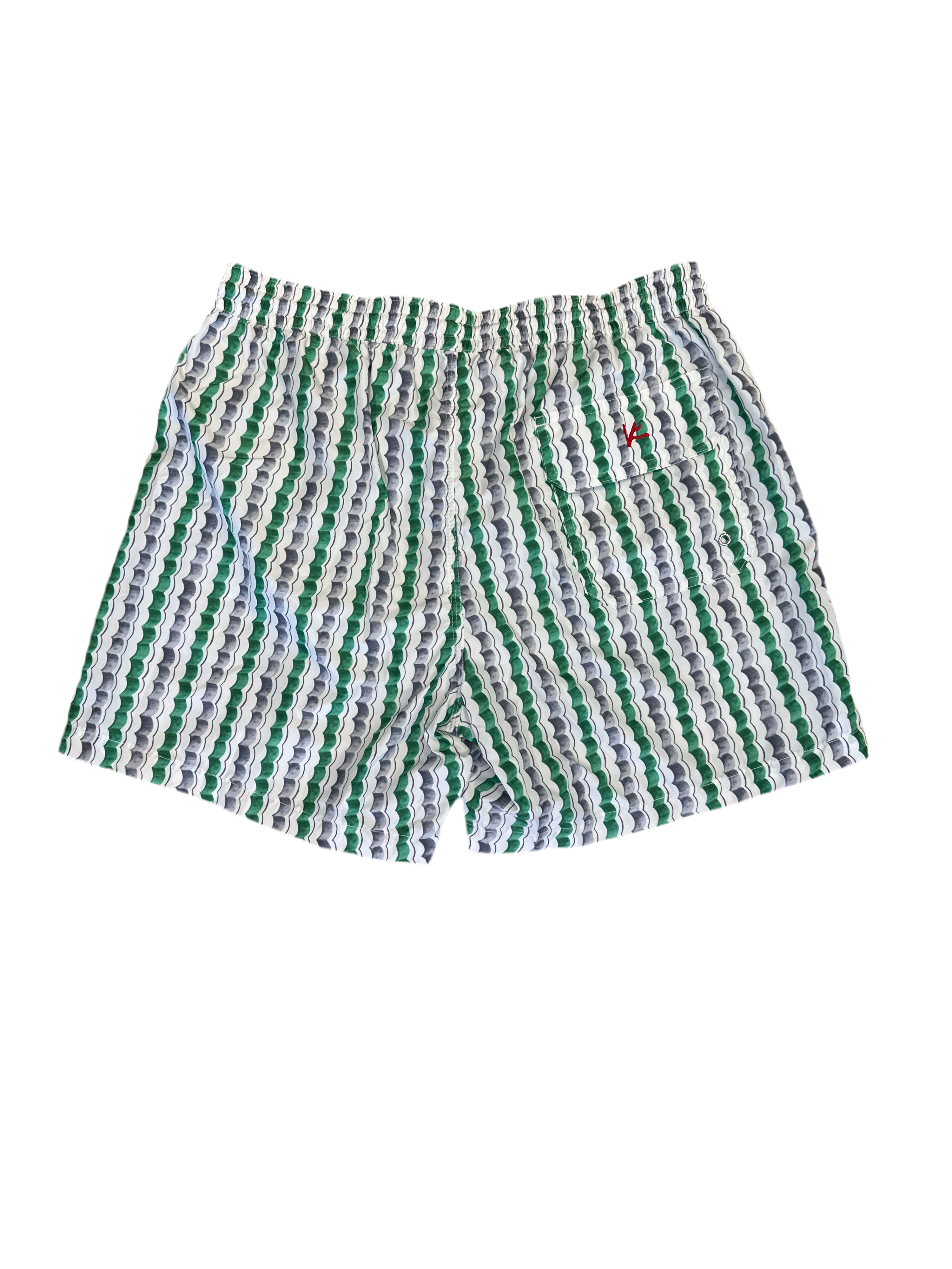 Isaia Mens Green Grey White Scalloped Stripes Swim Trunks2