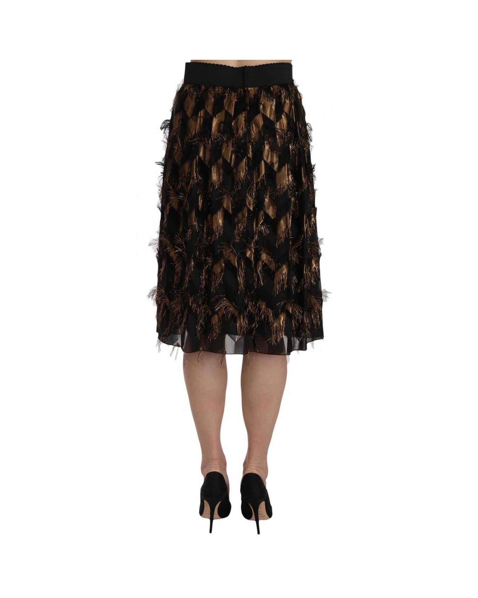 Dolce & Gabbana  Black & Gold Fringed Silk Midi Skirt