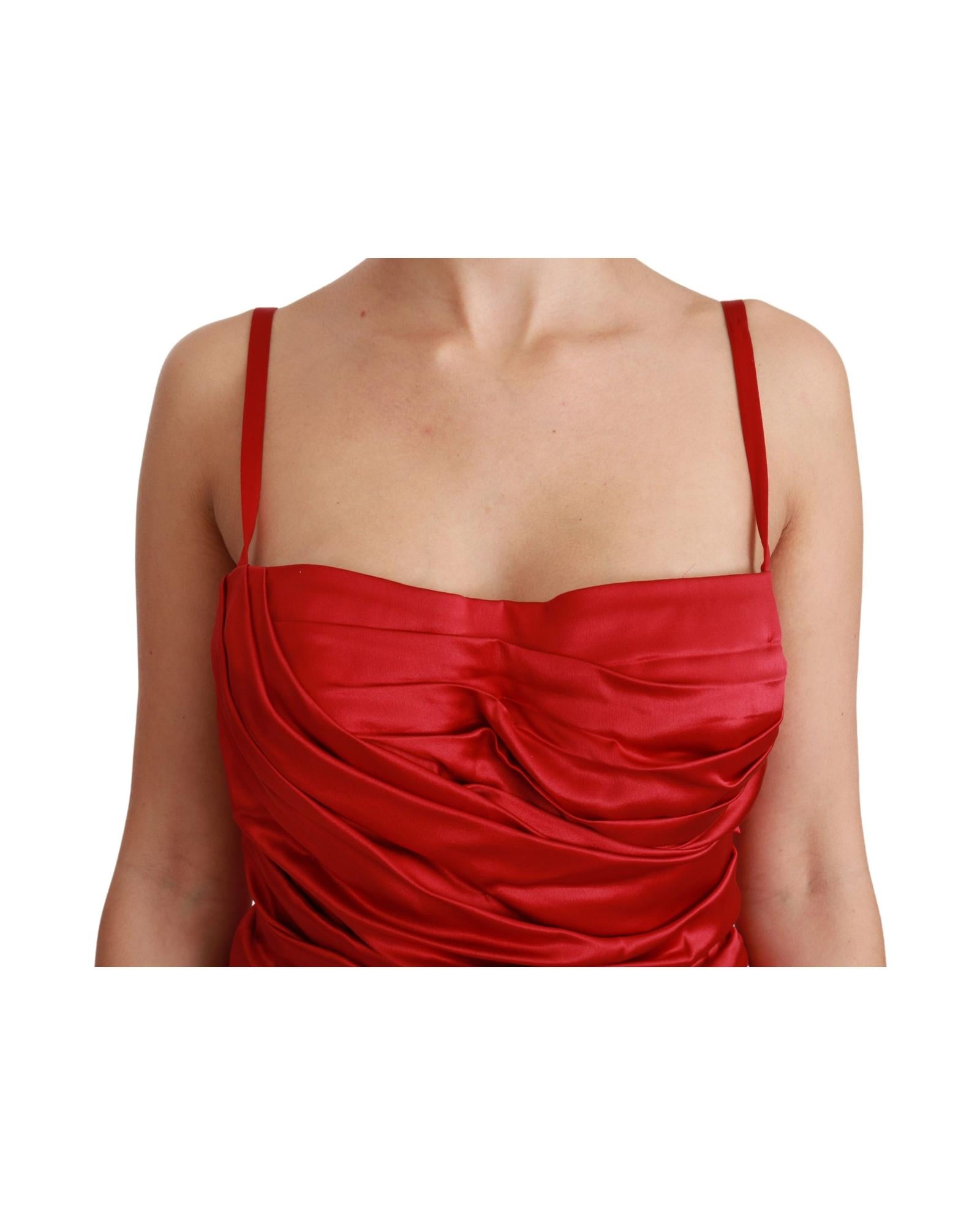 Dolce & Gabbana  Red Silk Strapless Ruched Fitted Midi Dress