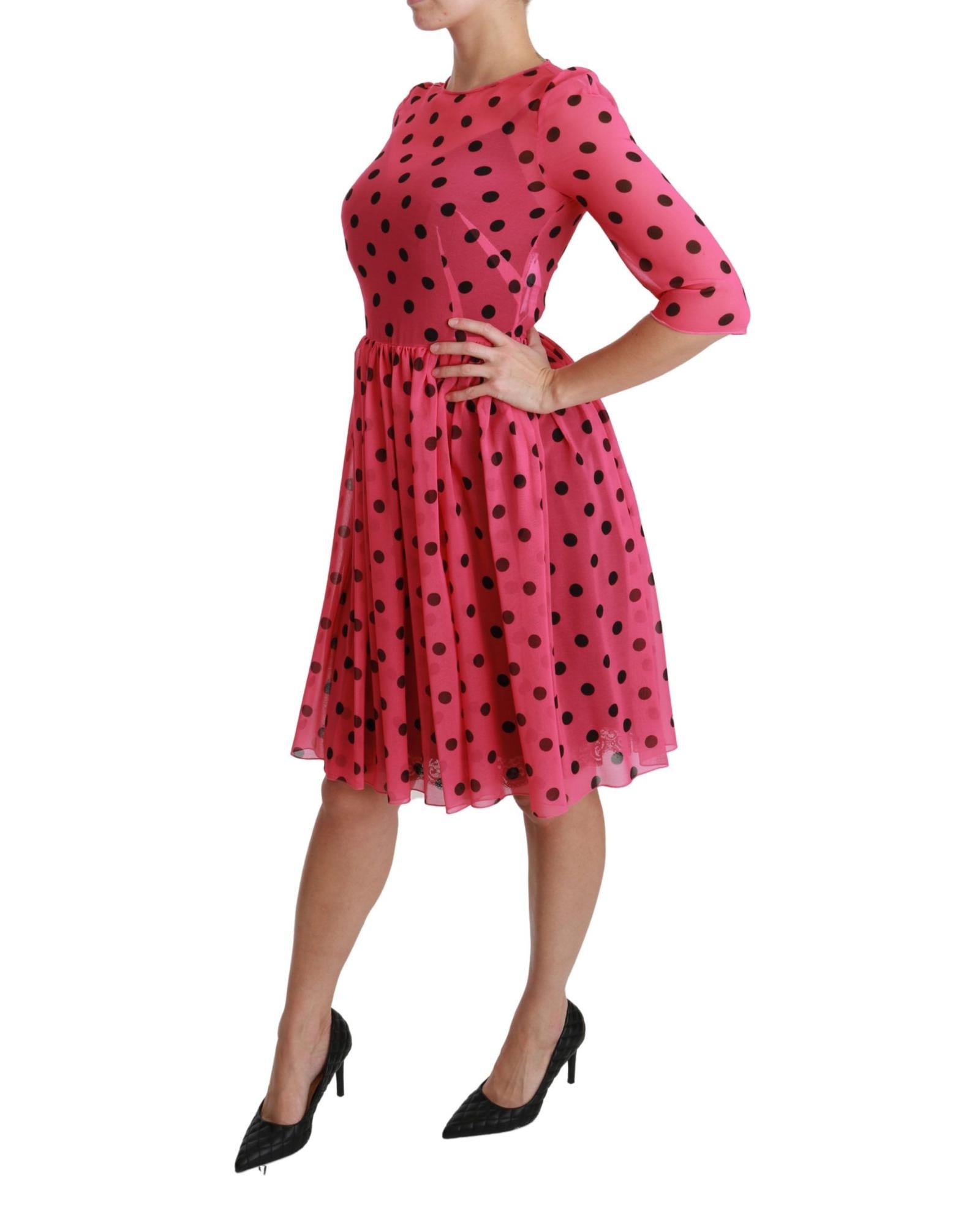 Dolce & Gabbana  Women's Polka Dot Dress     Pink Polka Dot Dress     Chiffon Dress     Three-Quarter Sleeve Dress     Fit and Flare Dress