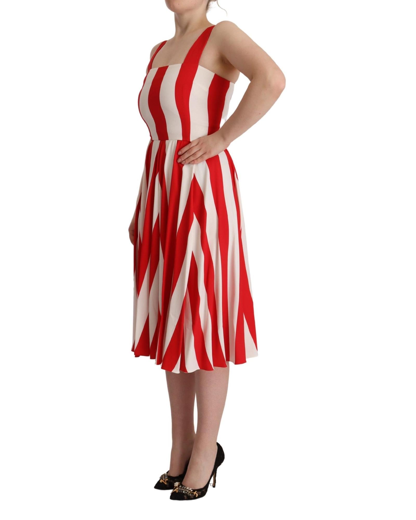 Dolce & Gabbana  Red and White Striped Midi Dress     Women's Red and White Striped Silk Dress     Sleeveless Square Neck Midi Dress in Red and White     Striped Midi Dress - Red White