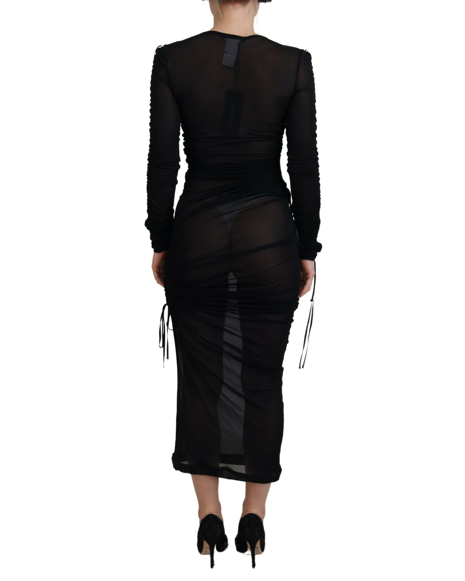 Dolce & Gabbana  Black Ruched Mesh Long Sleeve Dress