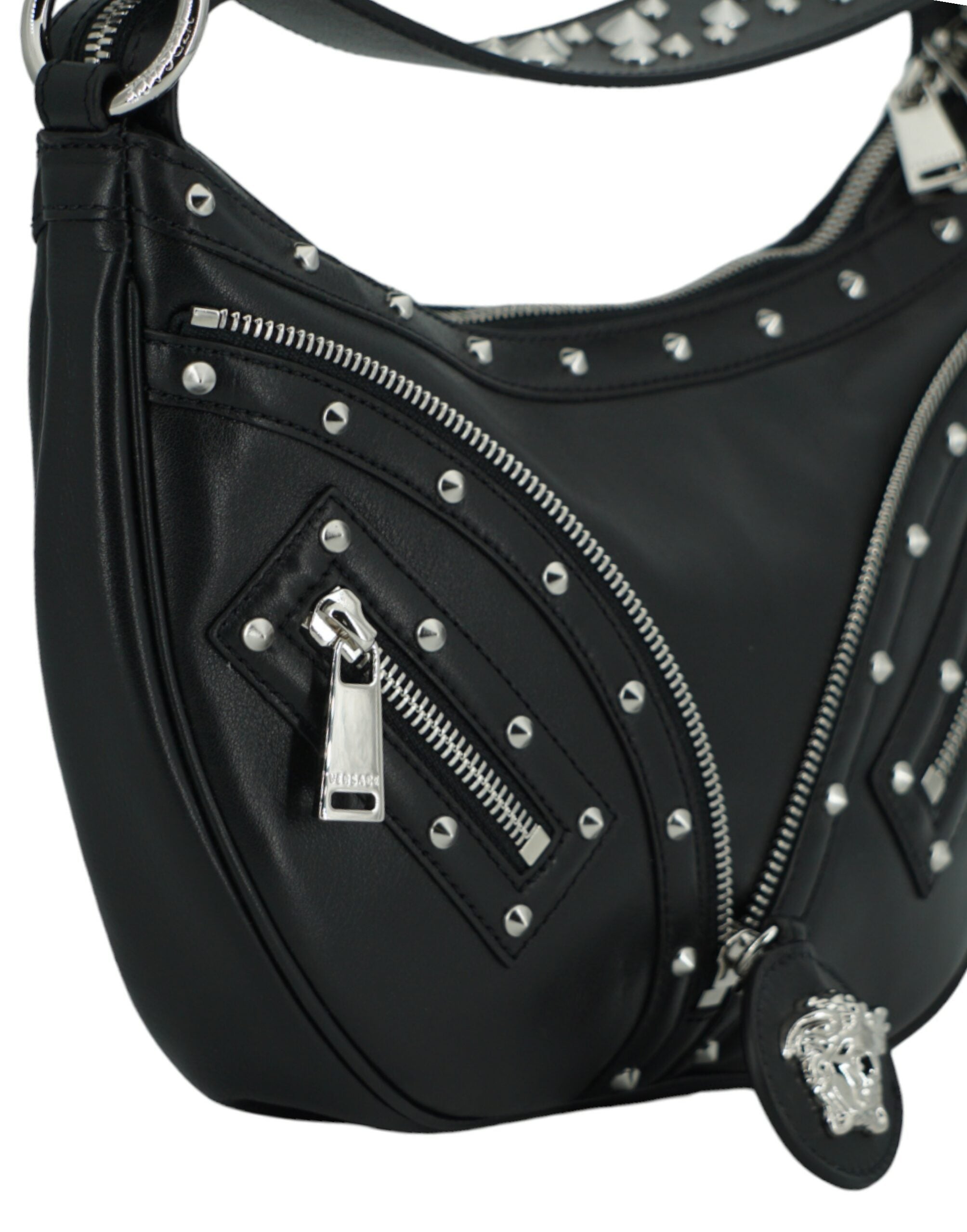 Versace Elegant Black Leather Hobo Shoulder Women's Bag