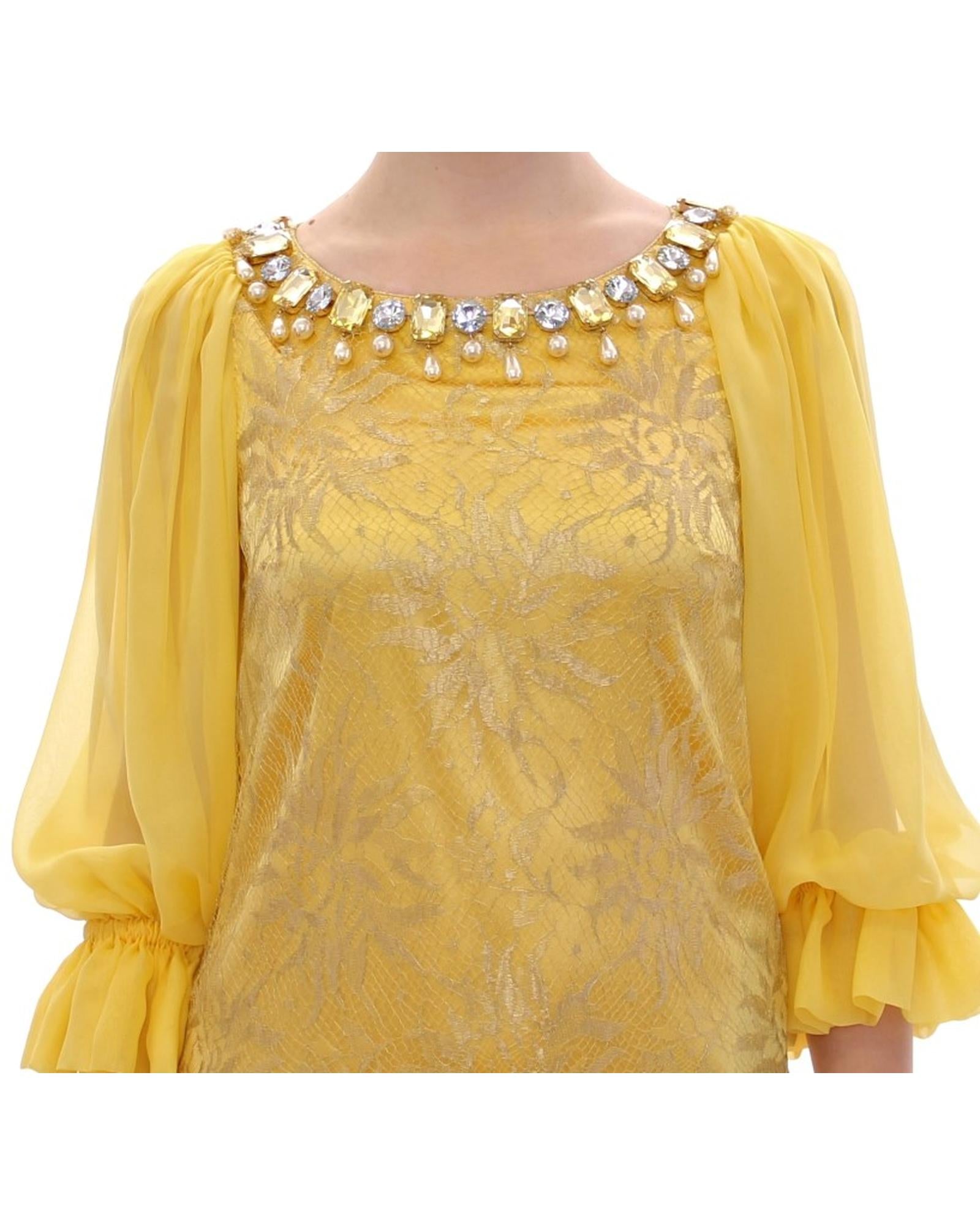 Dolce & Gabbana  Yellow Lace Dress with Crystal Embellishment