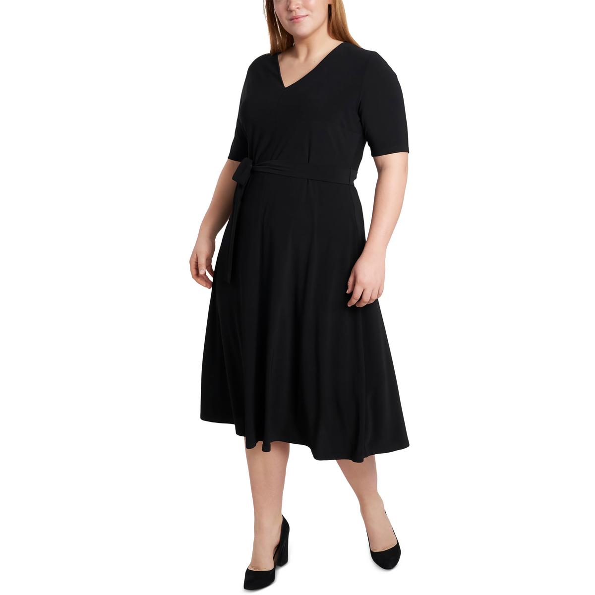 Plus Womens V-Neck Short Sleeve Midi Dress