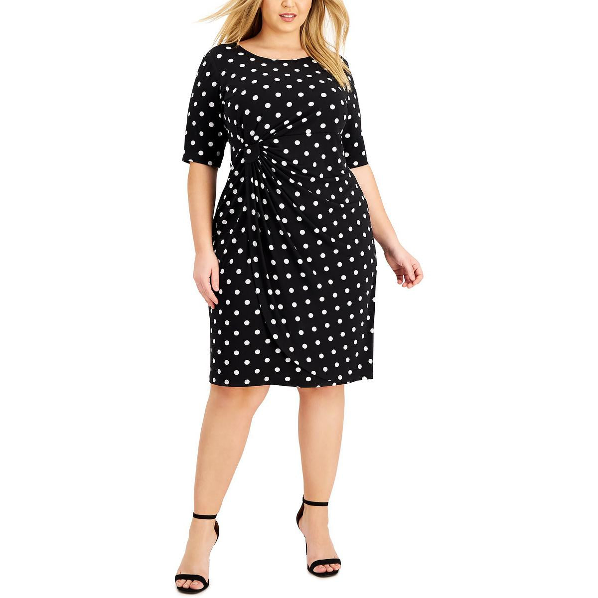 Plus Womens Polka Dot Ruched Shift Dress