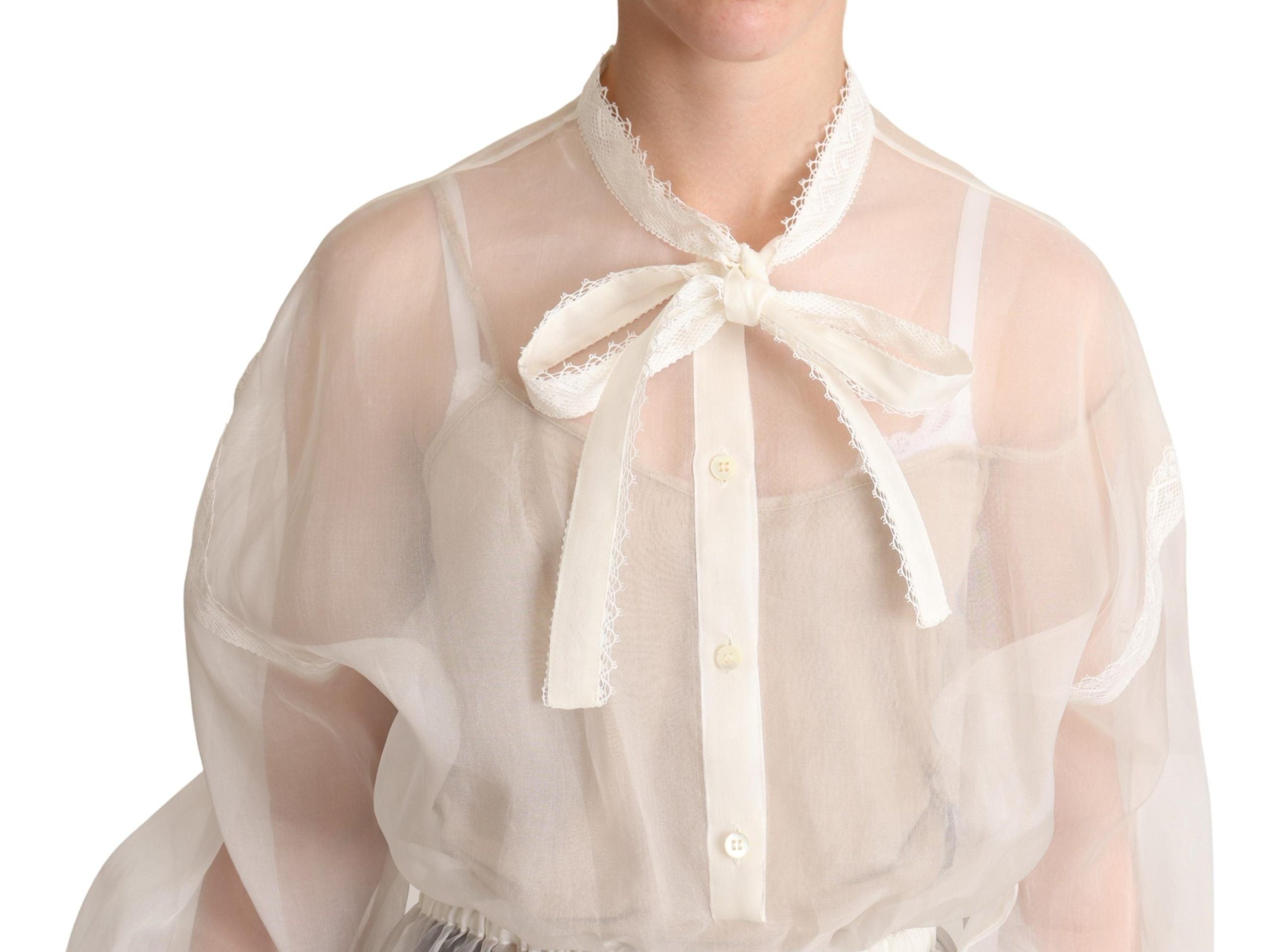 Dolce & Gabbana Elegant White Silk-Cotton Ascot Women's Blouse