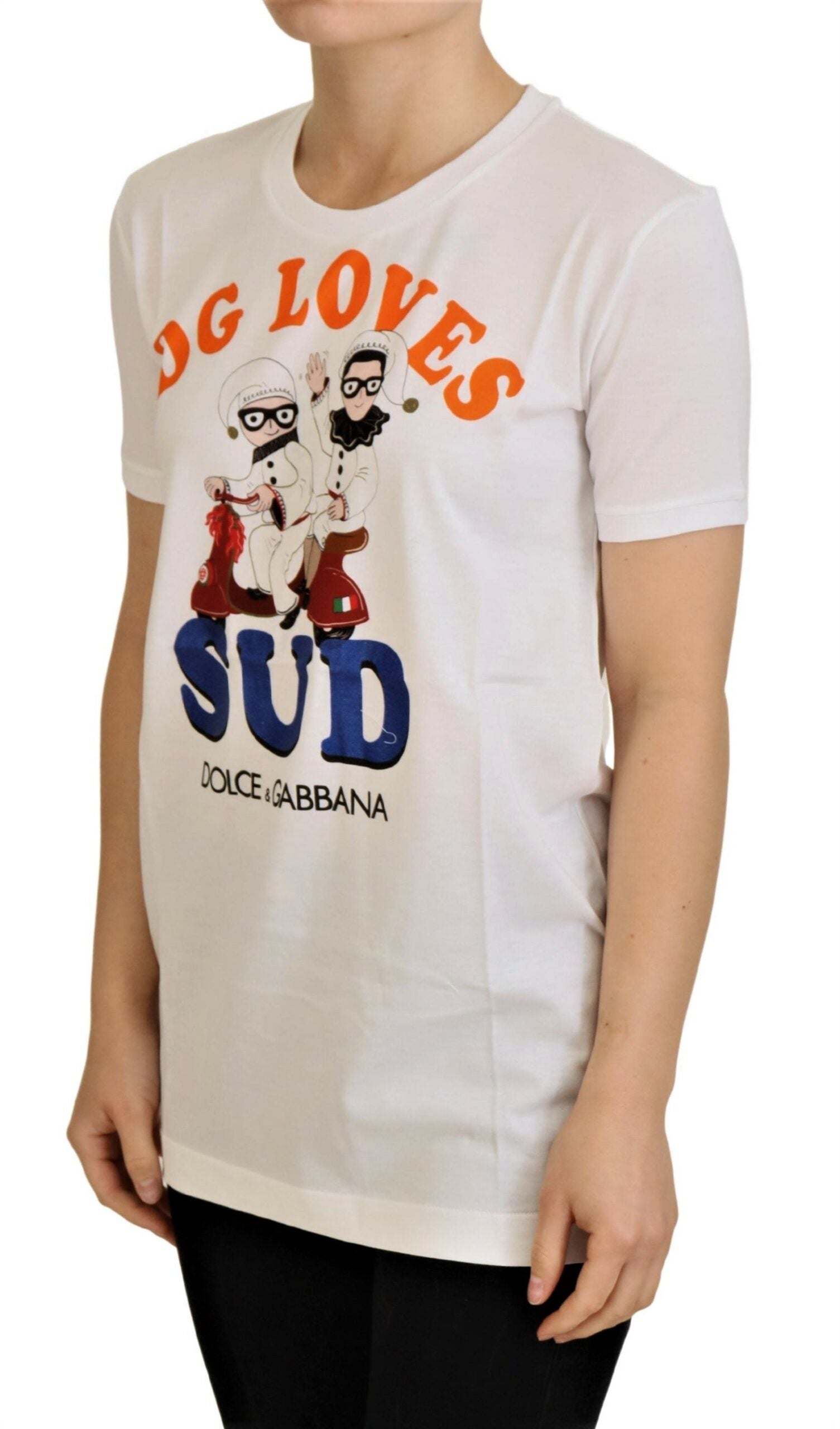 Dolce & Gabbana Elegant White Crew Neck Tee with Colorful Women's Print