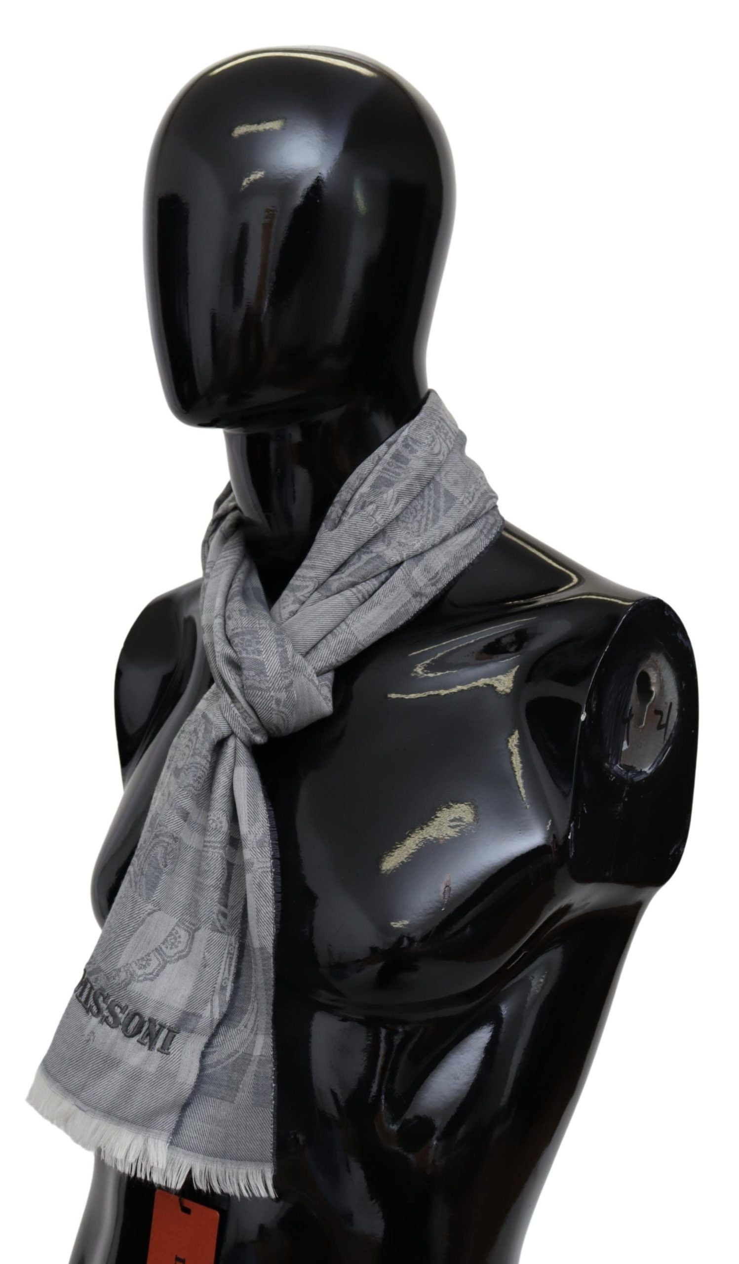 Missoni Chic Unisex Gray Wool Scarf with Logo Men's Embroidery