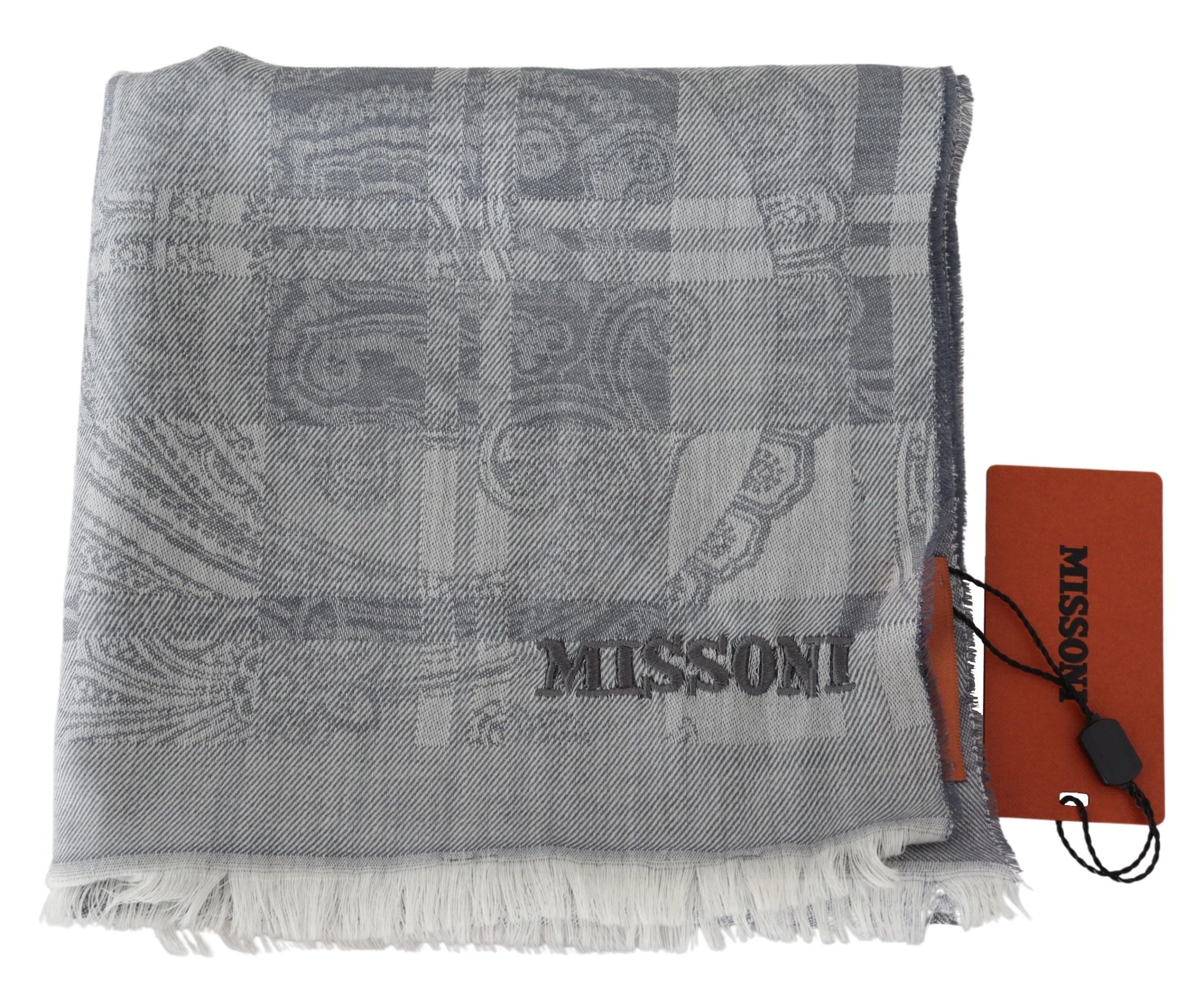 Missoni Chic Unisex Gray Wool Scarf with Logo Men's Embroidery