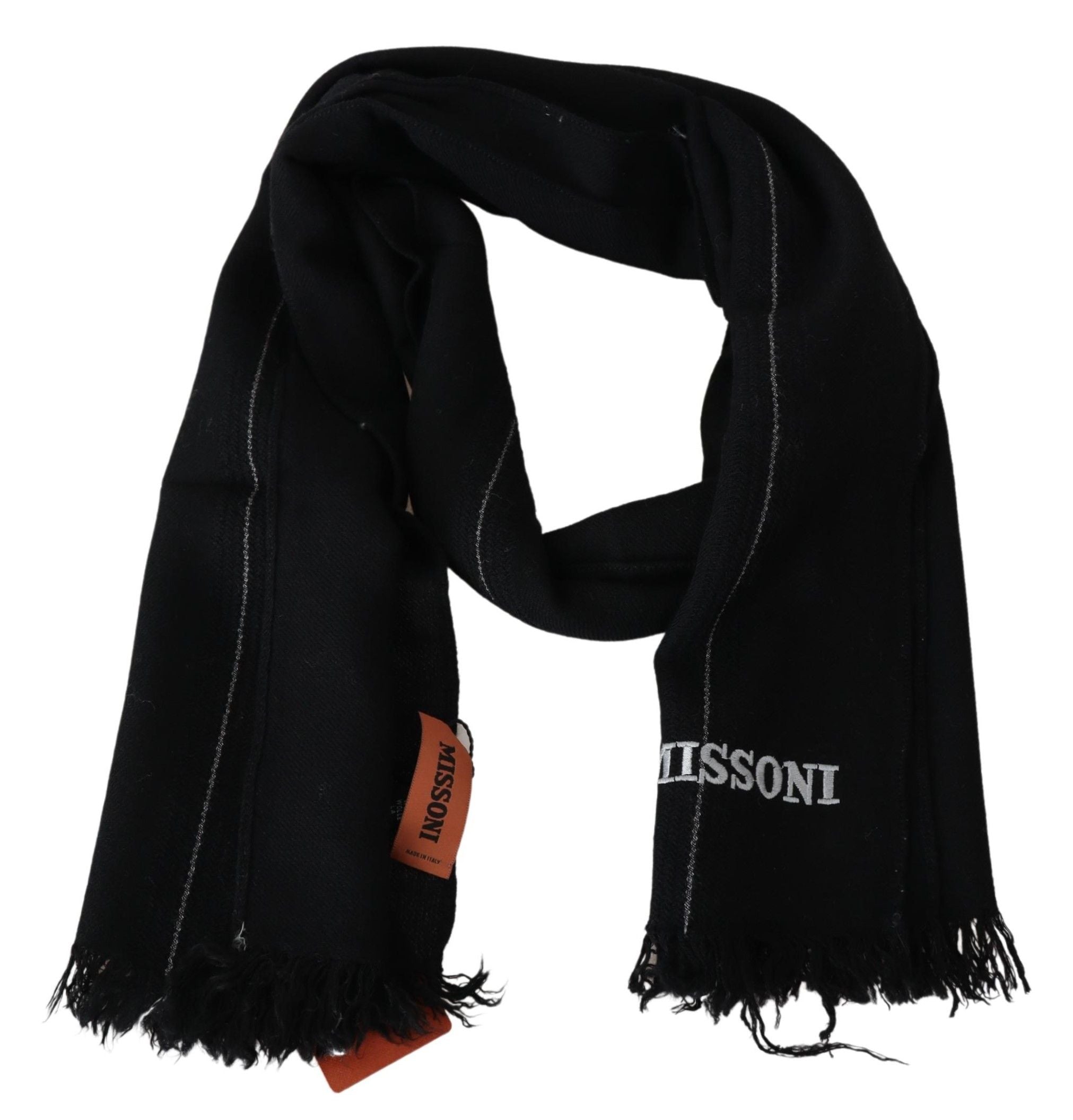 Missoni Elegant Black Wool Scarf with Logo Men's Embroidery