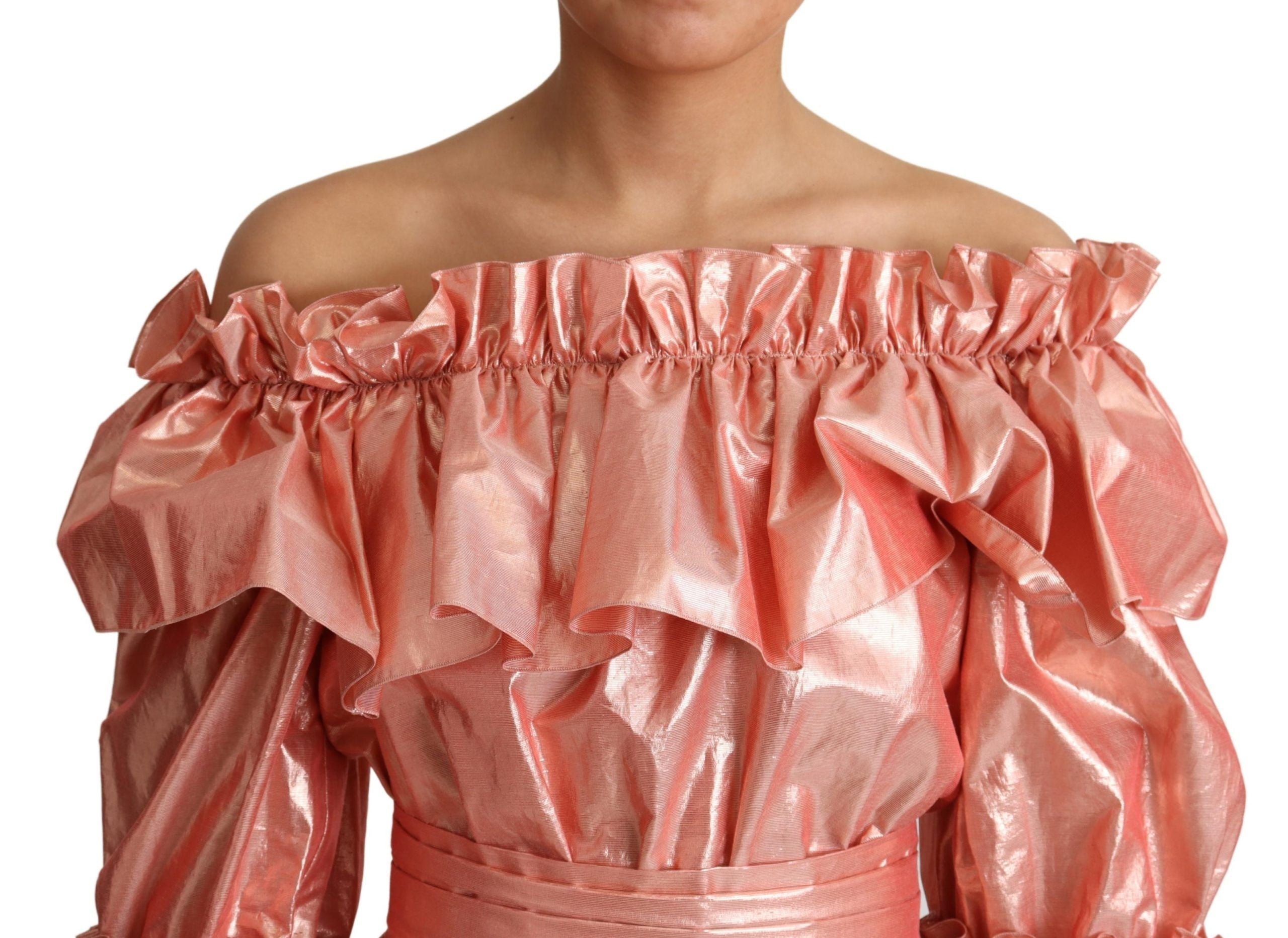 Dolce & Gabbana Pink Metallic Ruffled Gown Women's Elegance