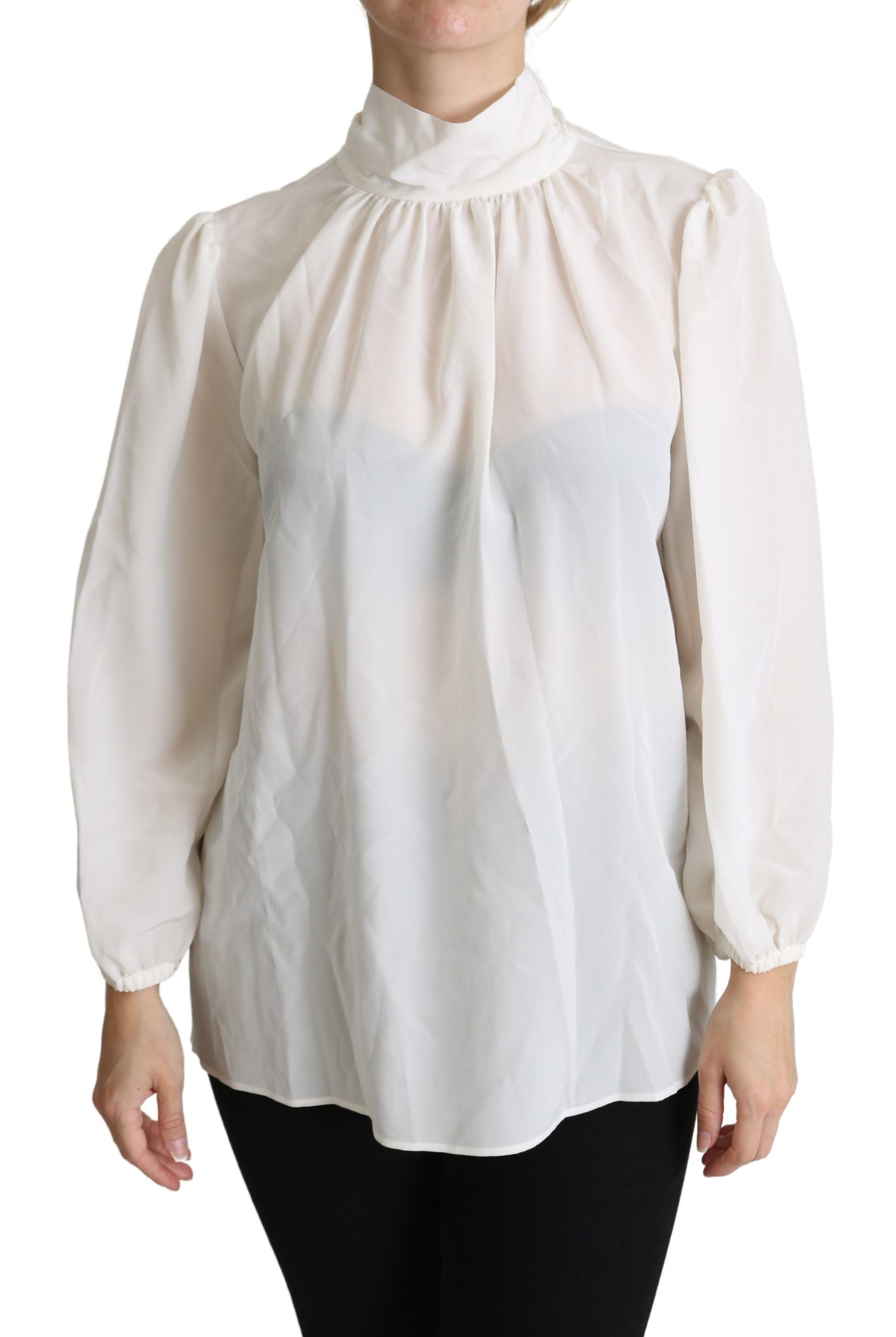 Dolce & Gabbana Elegant White Silk Pussy Bow Women's Blouse