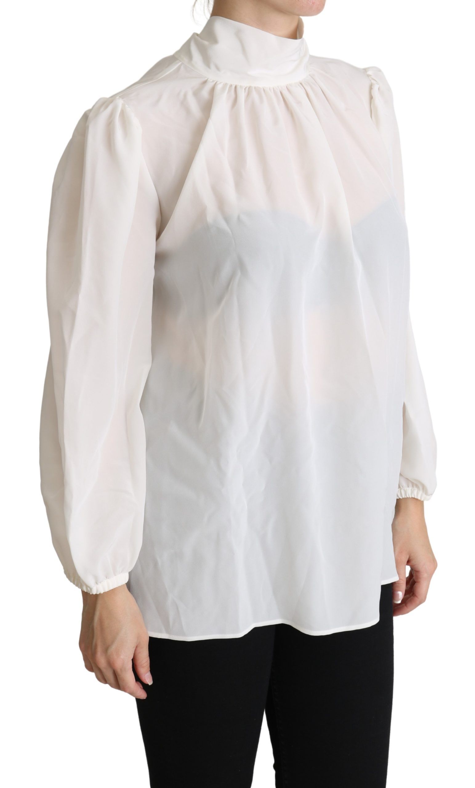 Dolce & Gabbana Elegant White Silk Pussy Bow Women's Blouse