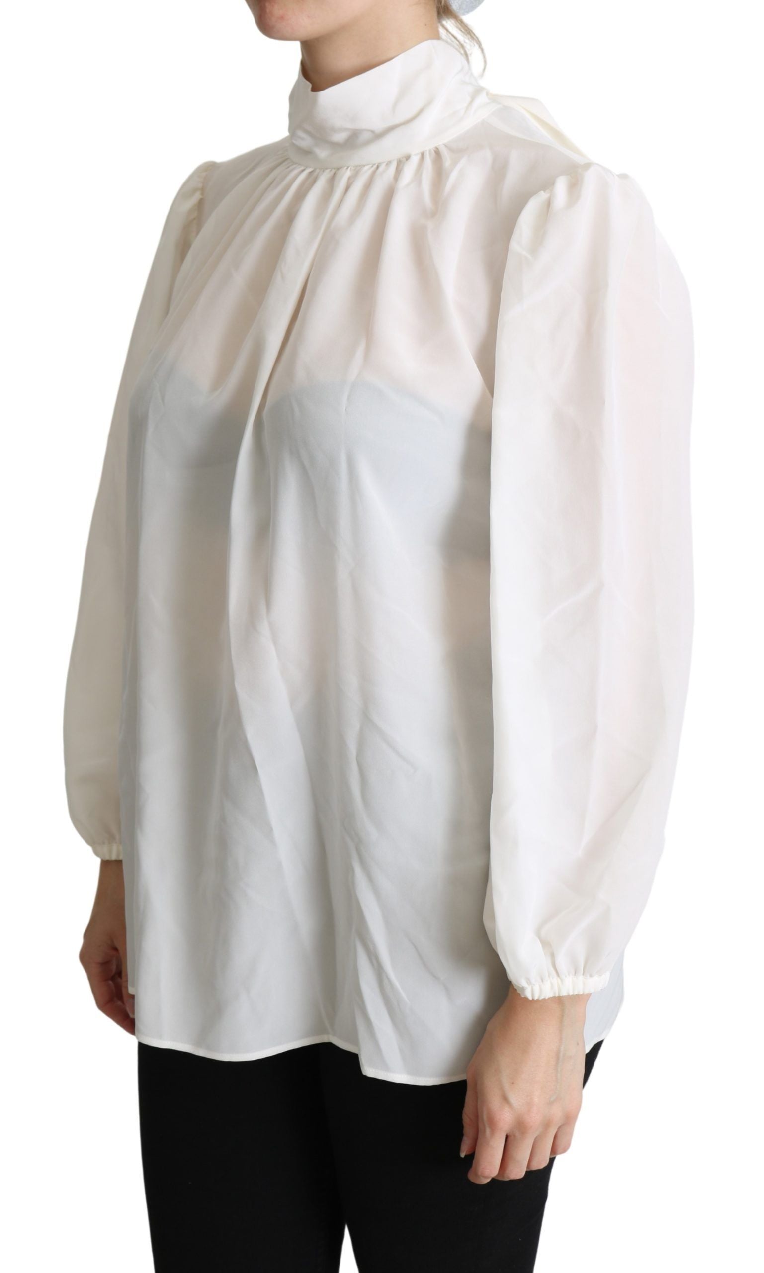 Dolce & Gabbana Elegant White Silk Pussy Bow Women's Blouse