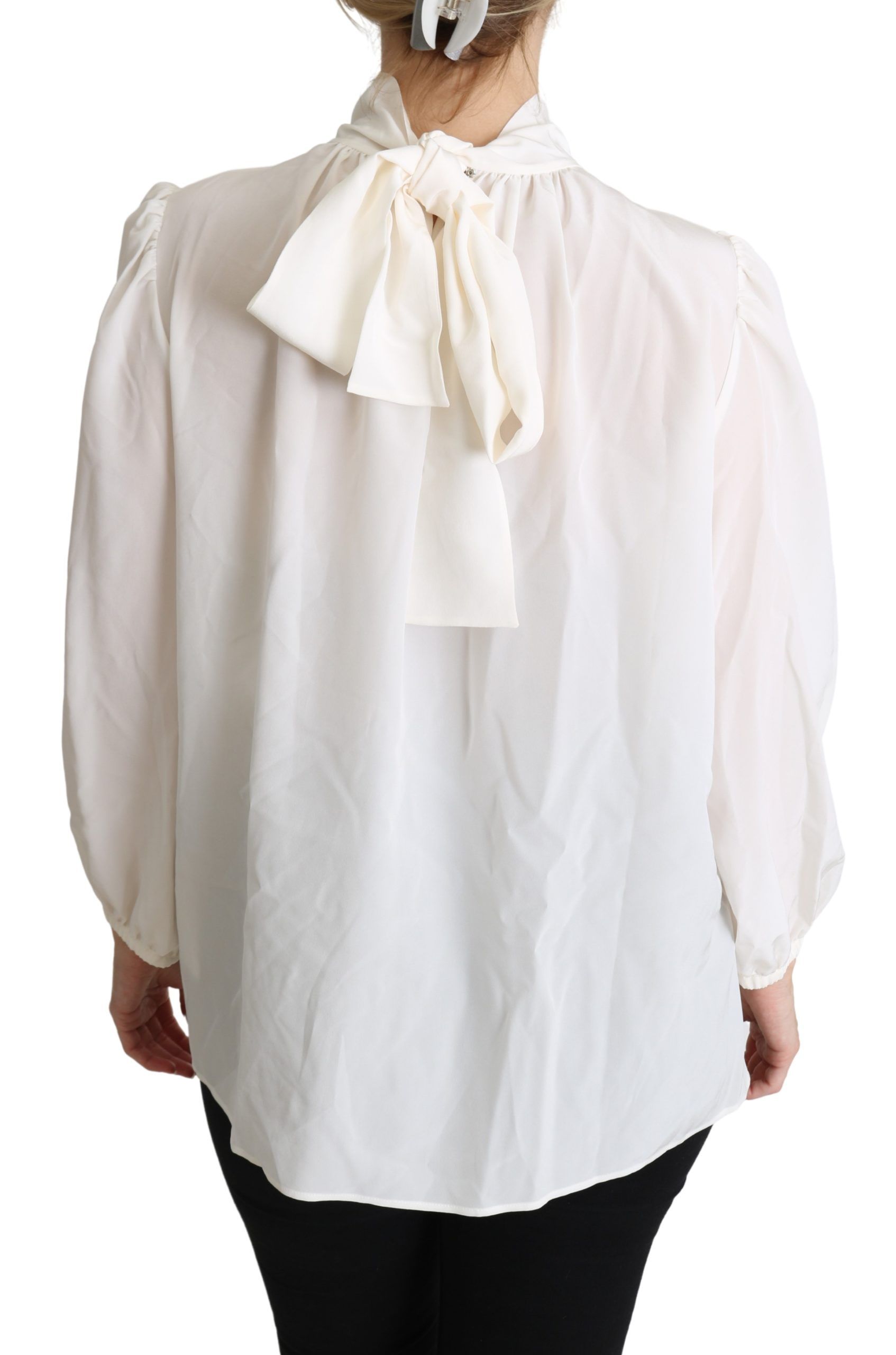 Dolce & Gabbana Elegant White Silk Pussy Bow Women's Blouse