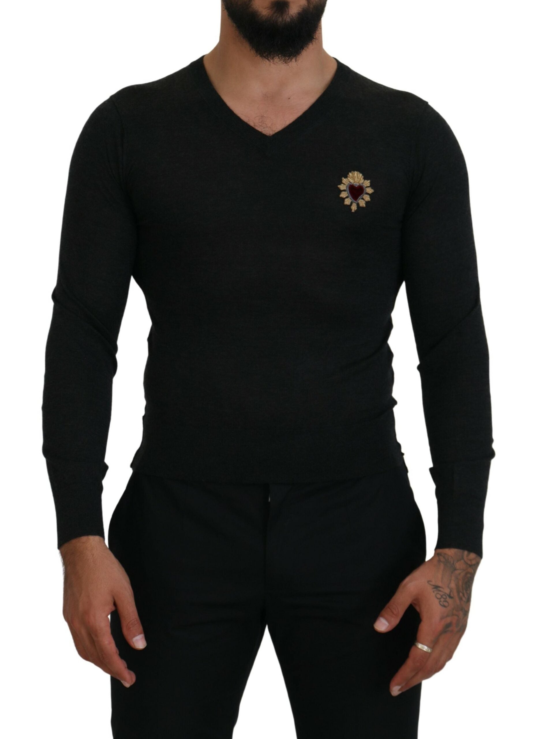 Dolce & Gabbana Gray Cashmere V-neck Gold Heart Men's Sweater2