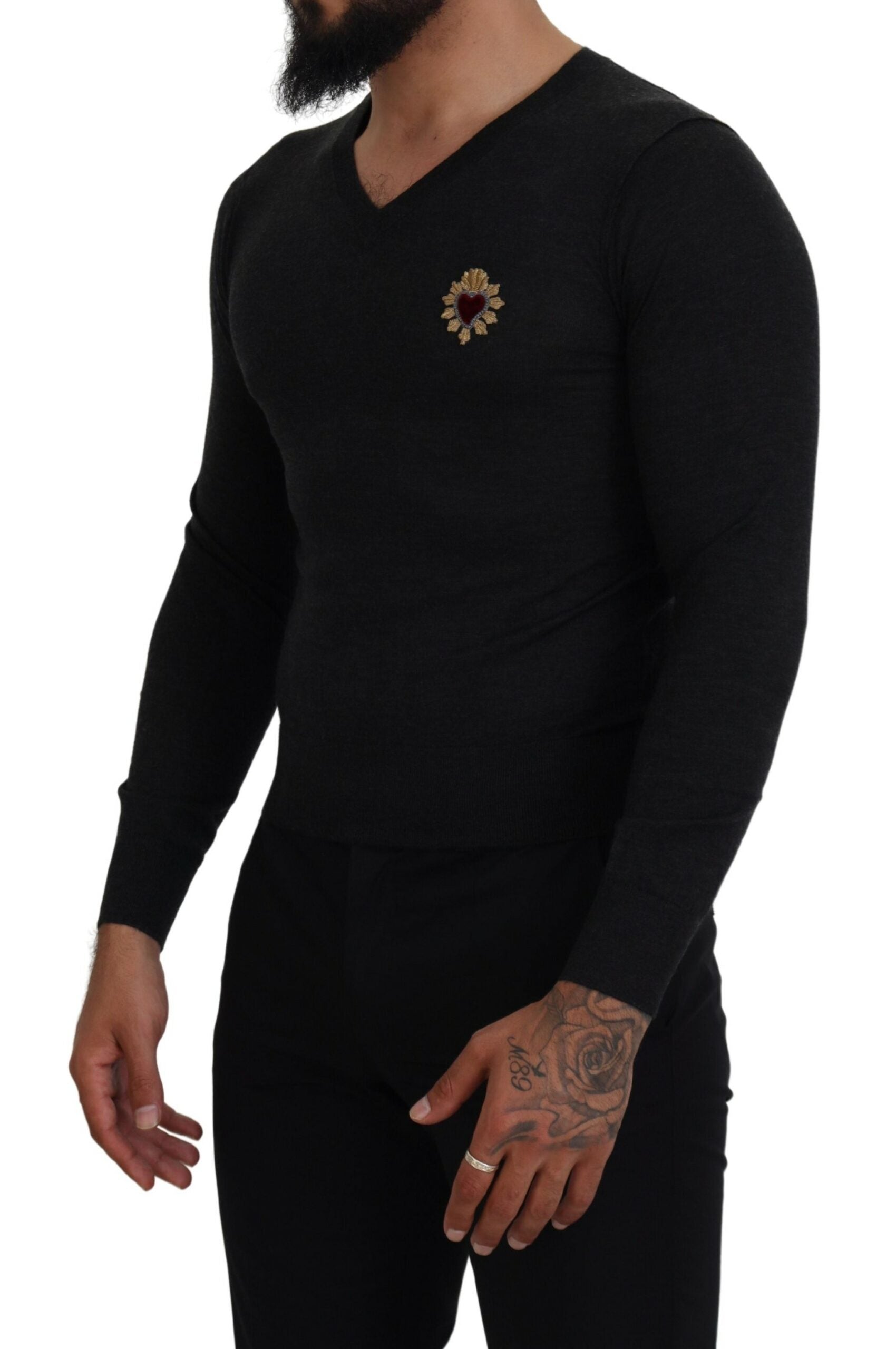 Dolce & Gabbana Gray Cashmere V-neck Gold Heart Men's Sweater3